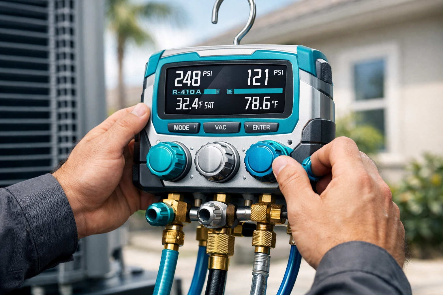 Florida HVAC technician using digital gauges to perform professional maintenance on a heat pump system.