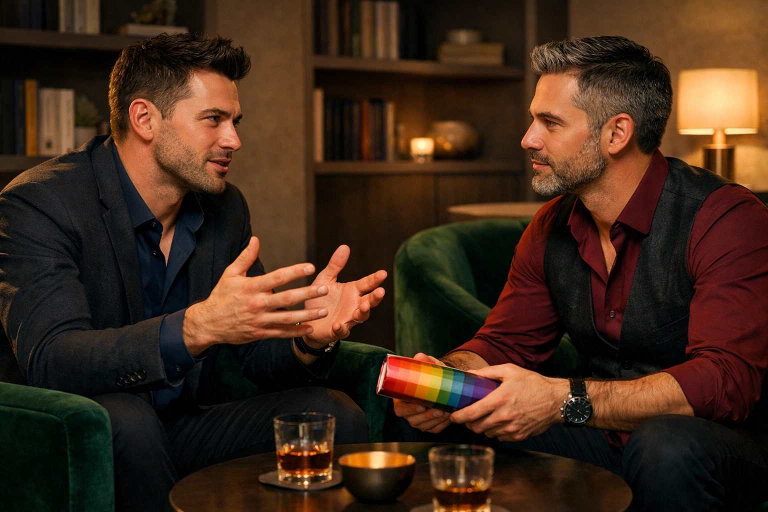 Men having an empathetic professional talk in a study, highlighting soft skills gained from reading gay romance novels.