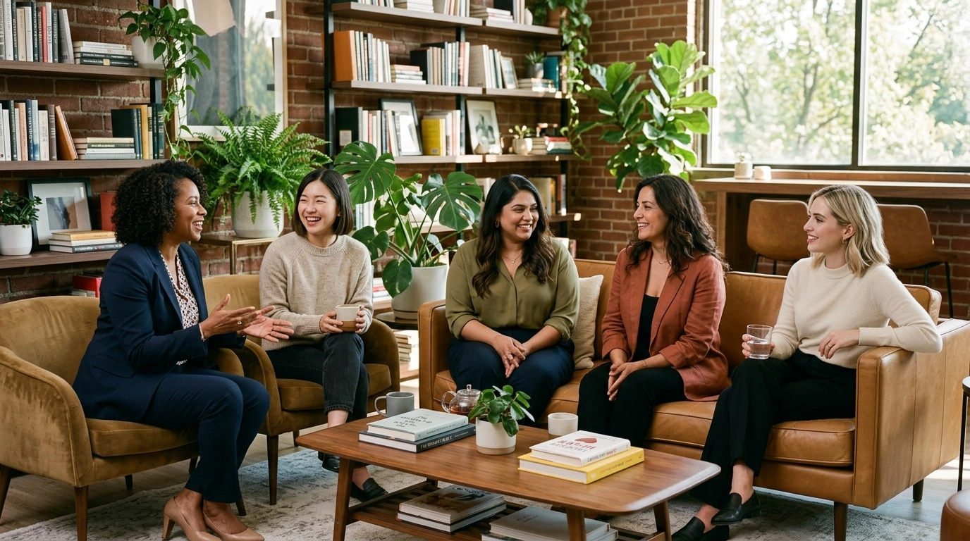 A diverse mix of professional women of various races and body shapes in a stylish modern lounge-office with books and plants, captured in relaxed, authentic poses with warm natural light and a premium casual elegant lifestyle aesthetic.