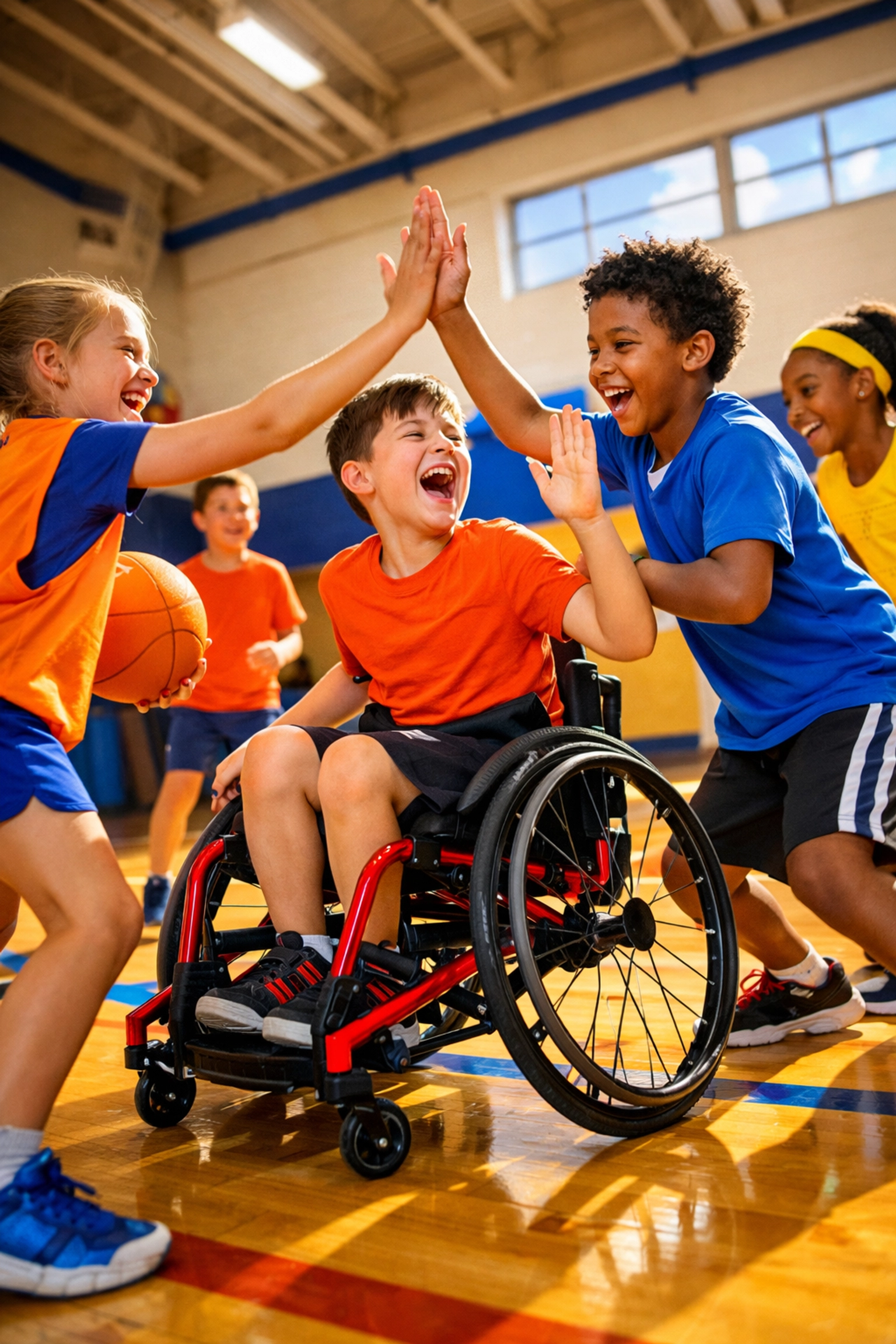 Children of all abilities enjoying adaptive physical activities and team games in a bright gymnasium.