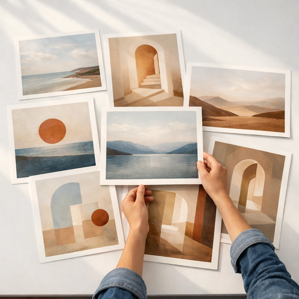 Artist curating fine art prints for gallery exhibition on white table