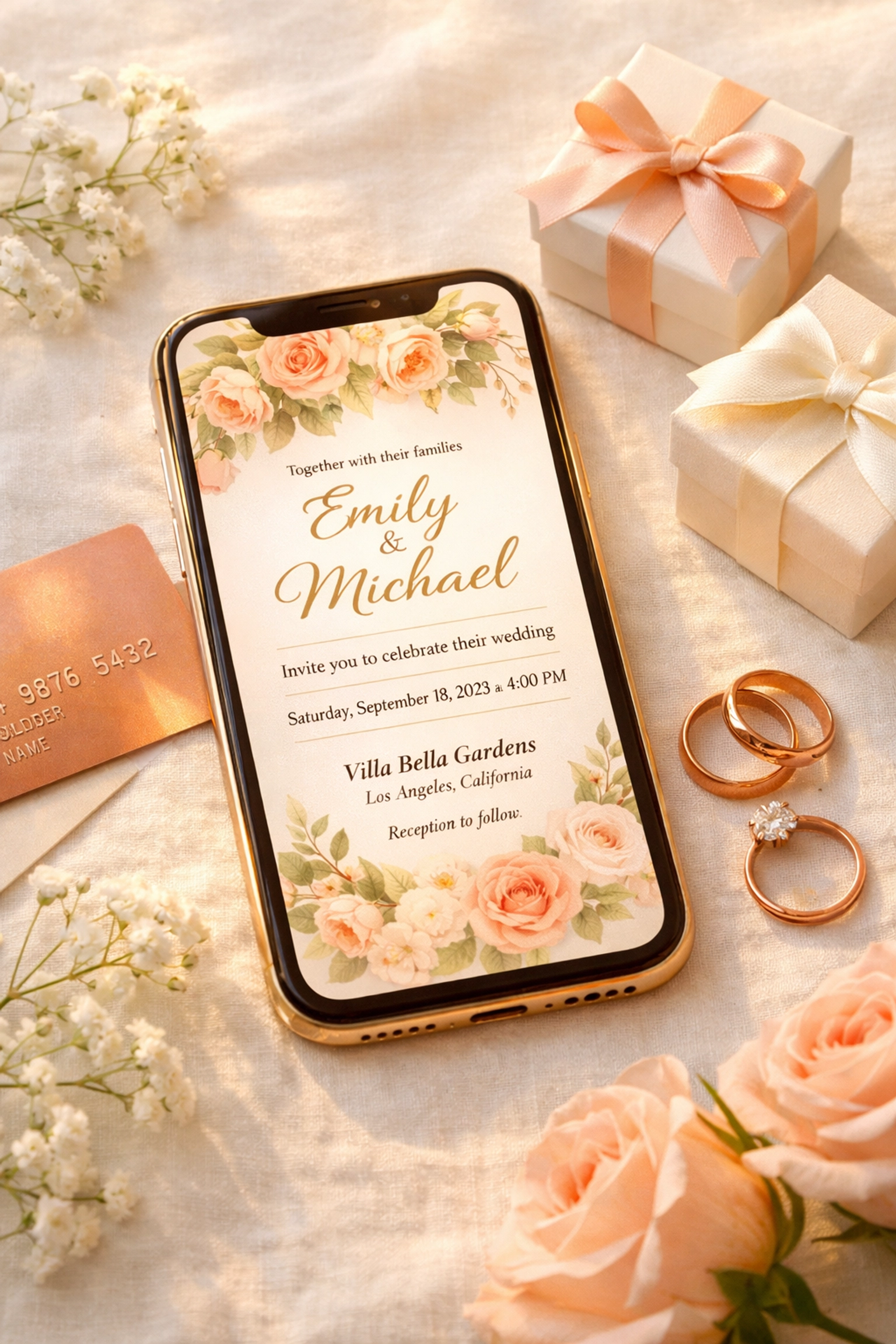 Smartphone displaying digital wedding invitation with RSVP for online guest contributions
