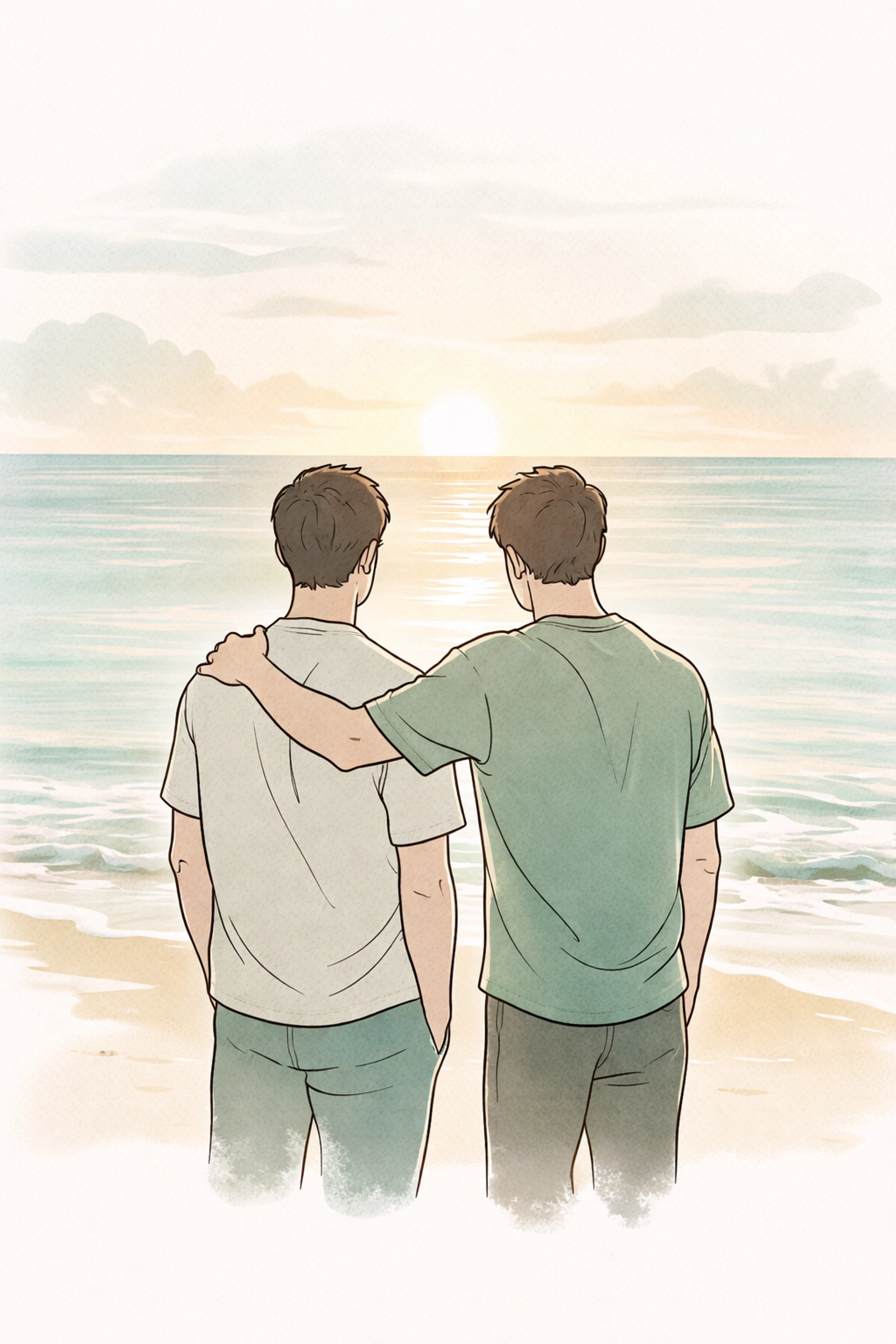 Two men standing side by side at sunrise on a tranquil beach, symbolizing overcoming nudist anxiety and self-acceptance.