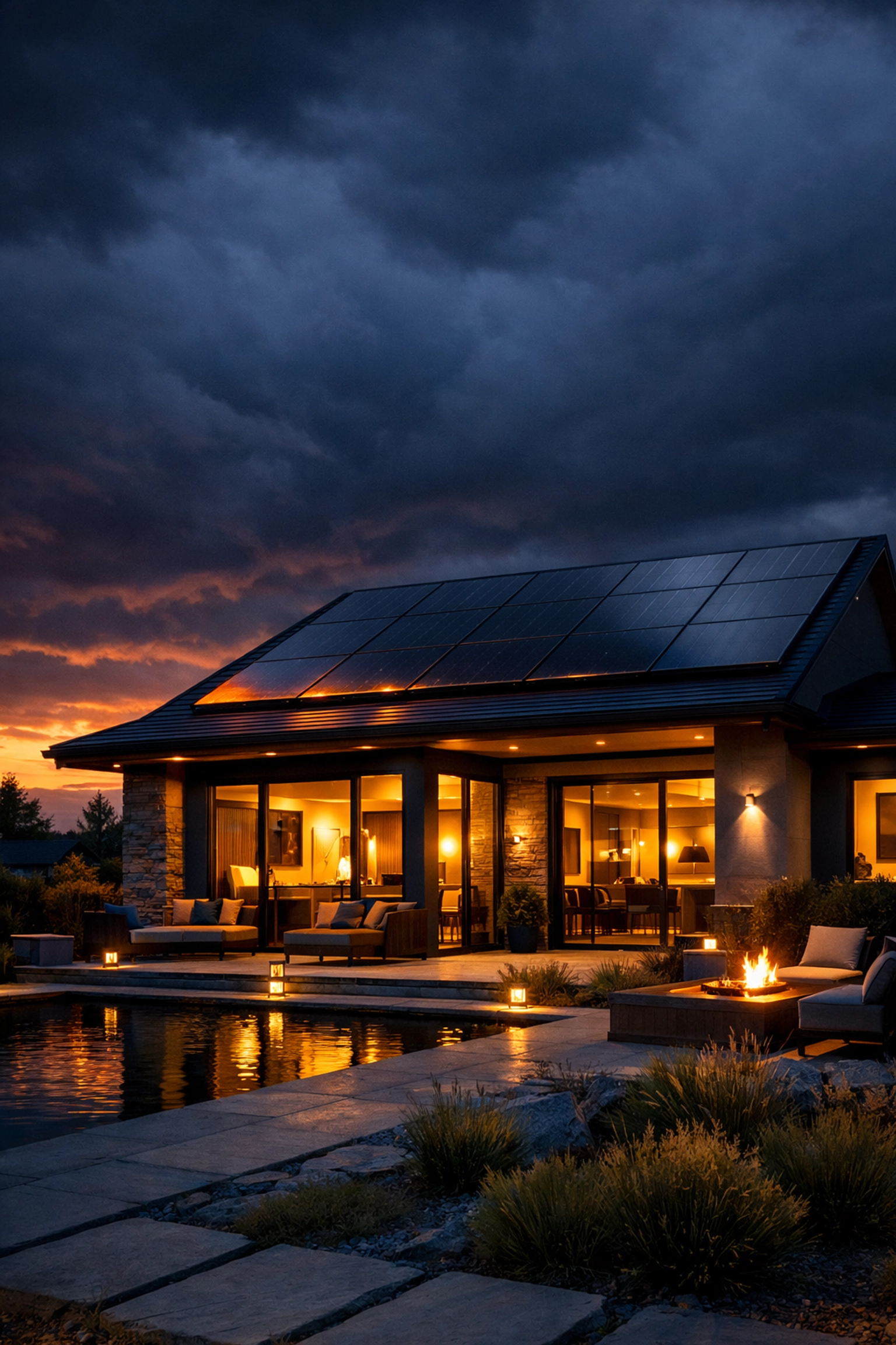 Modern home with black solar panels providing secure energy independence against a volatile global market.