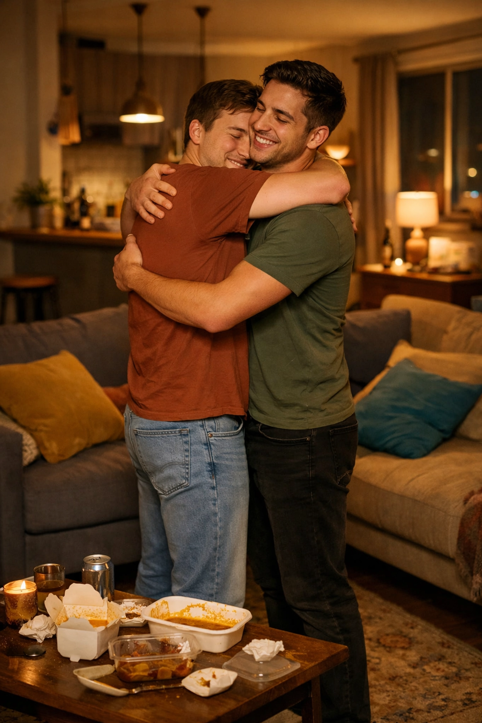 Best friends embracing after coming out, celebrating male friendship and support