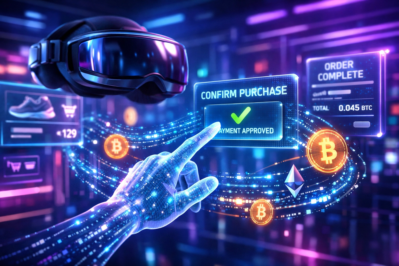 VR headset user completing metaverse checkout with hand gesture and holographic crypto payment interface