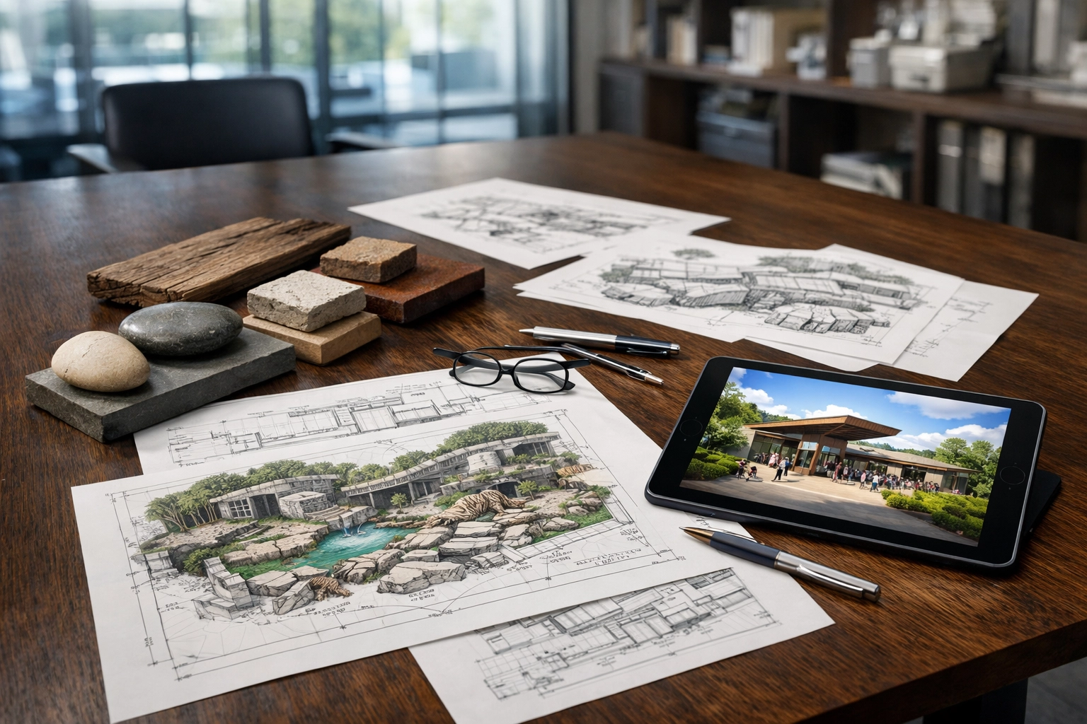 Zoo branding strategy session with architectural habitat sketches and design plans on a design studio table.