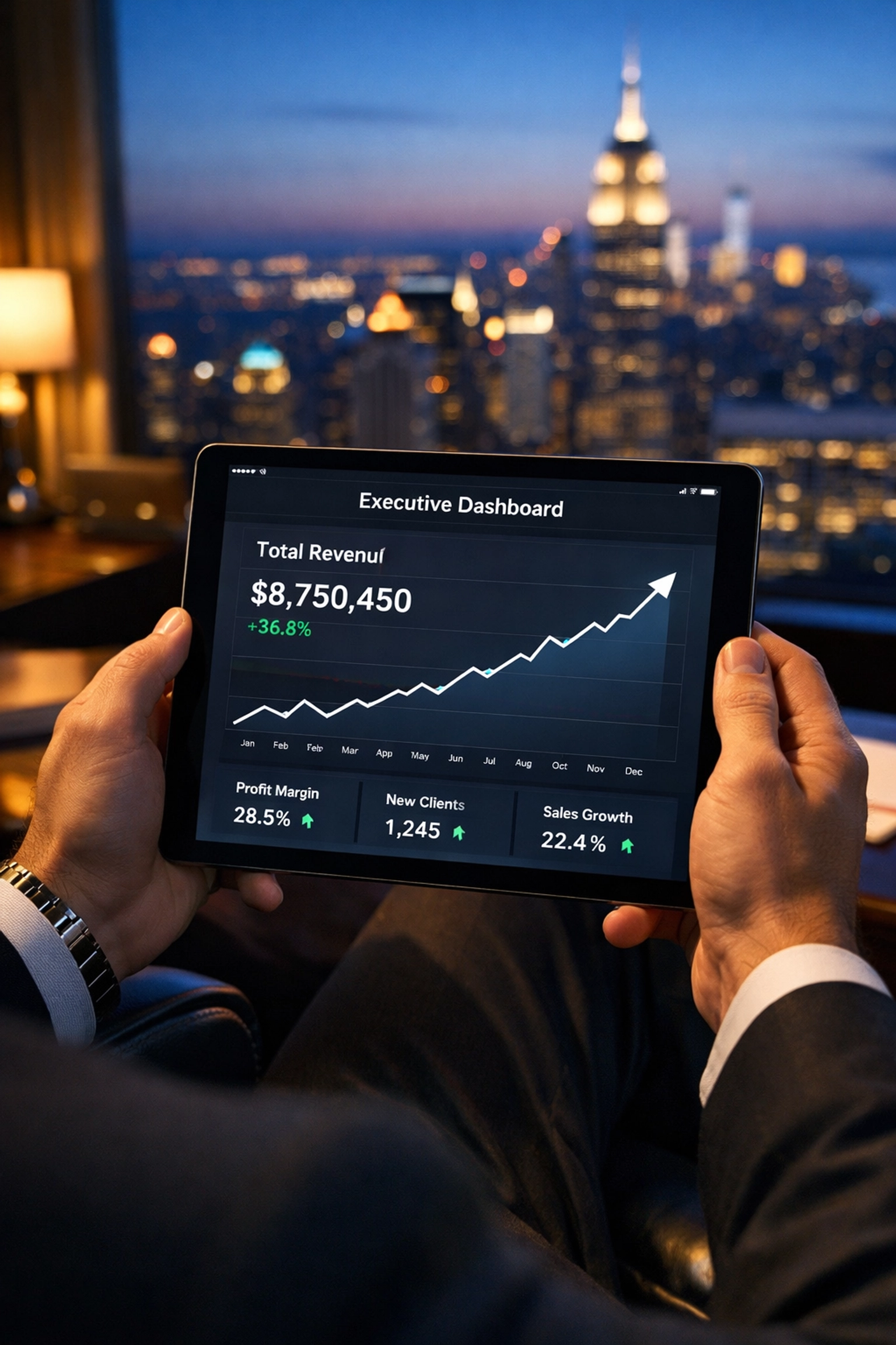 CEO viewing a tablet dashboard with a sharp upward trend in total revenue and business growth metrics.