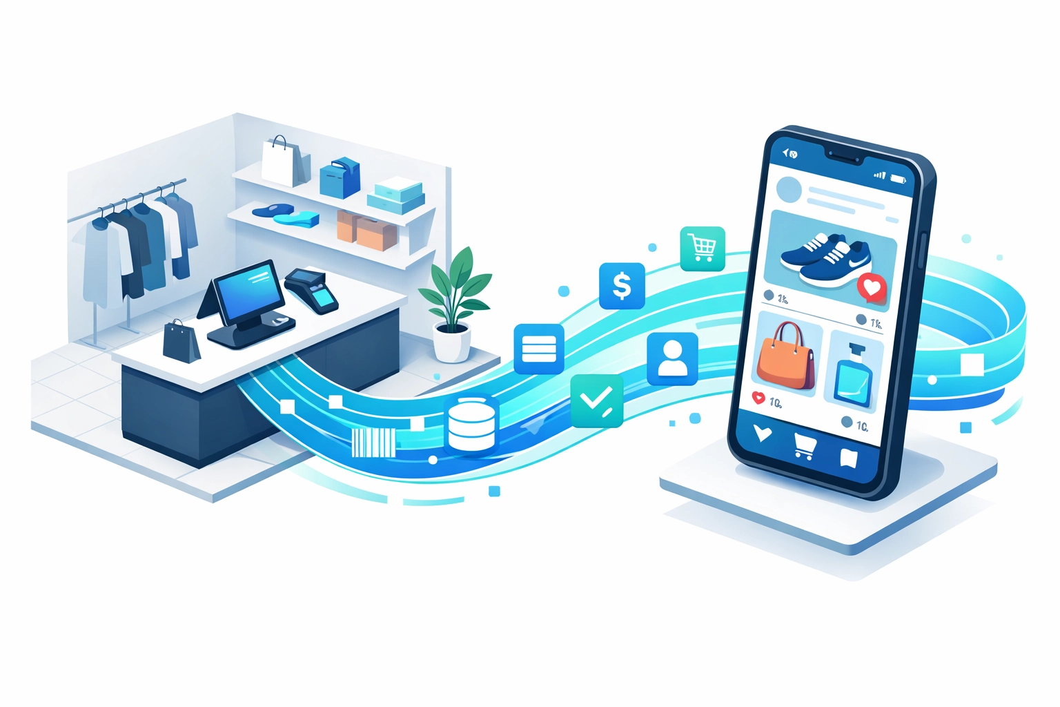 Social commerce integration showing online discovery linked to physical retail store POS system