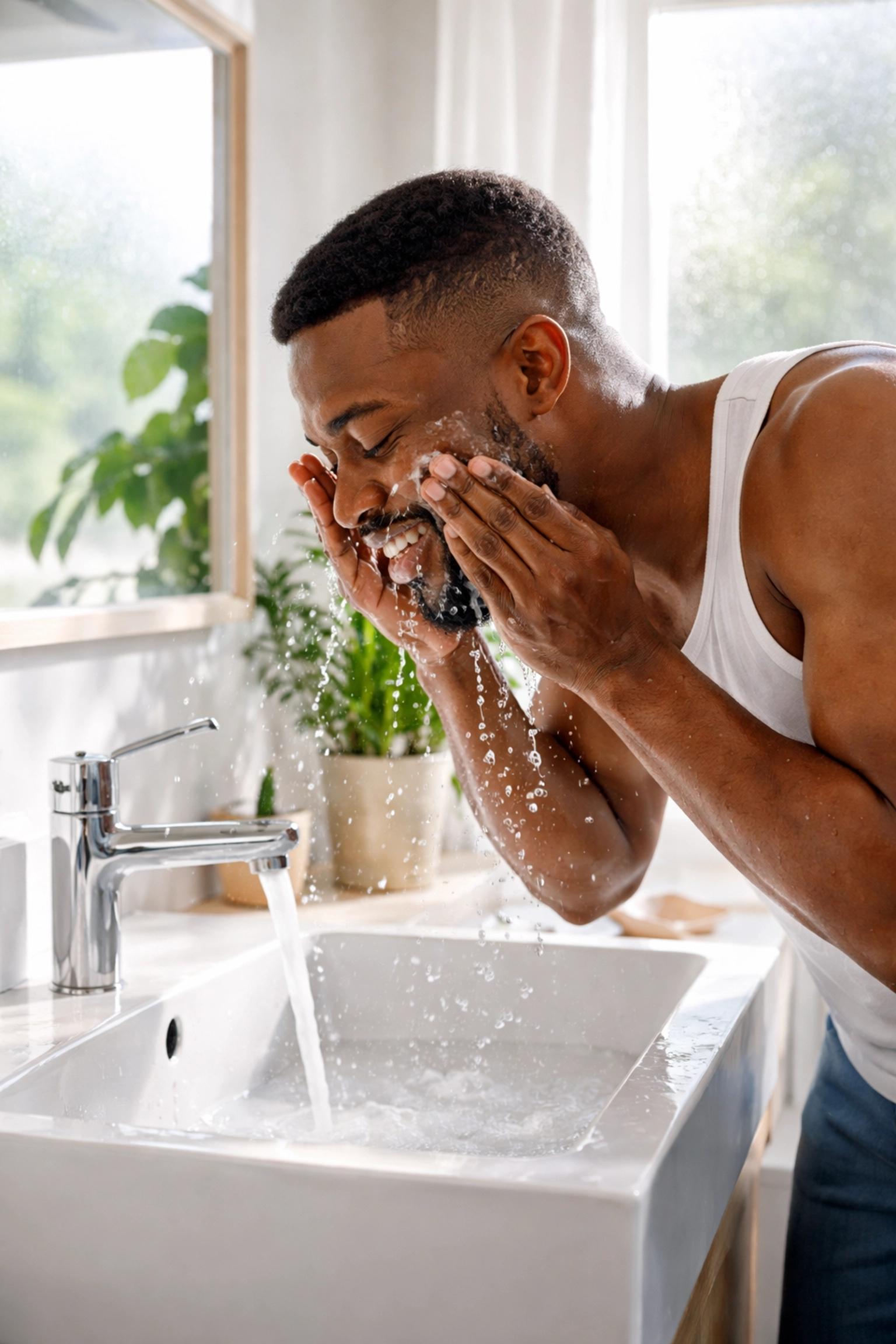 Young Black man splashing cool water on his face in a bright bathroom during a morning grooming routine
