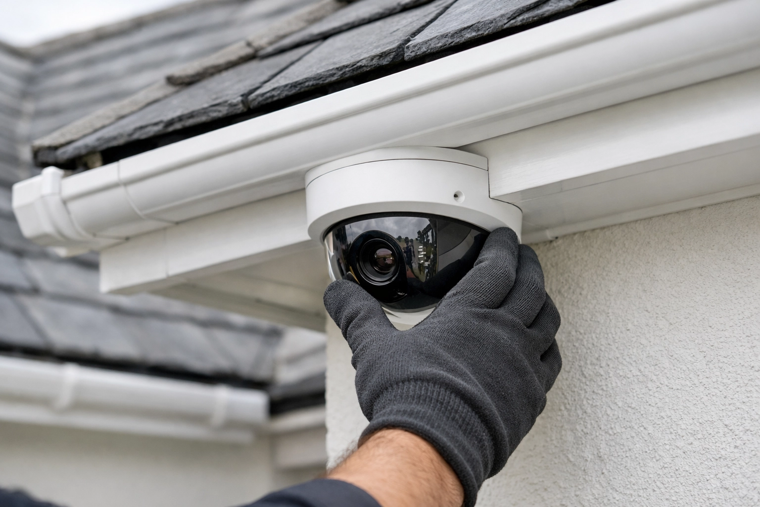 Expert CCTV installers in Longwell Green professionally fitting a security camera under house eaves.