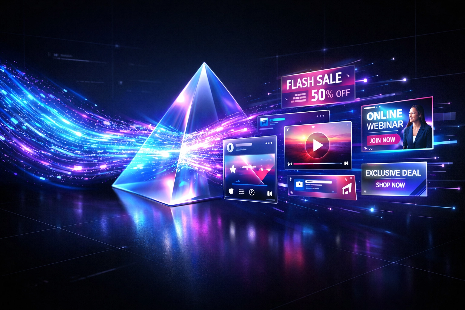 KI im Marketing: Ein Datenstrom verwandelt sich in digitale Werbeformate für Social Media.