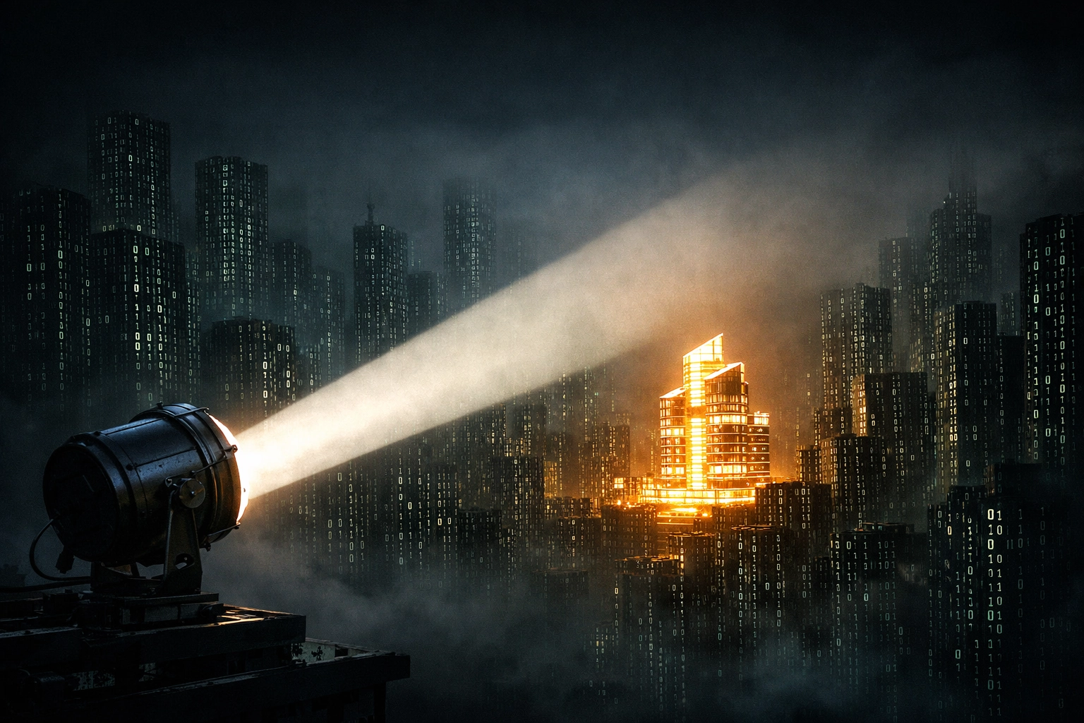 A bright searchlight hitting a modern building to represent high search visibility and SEO success.