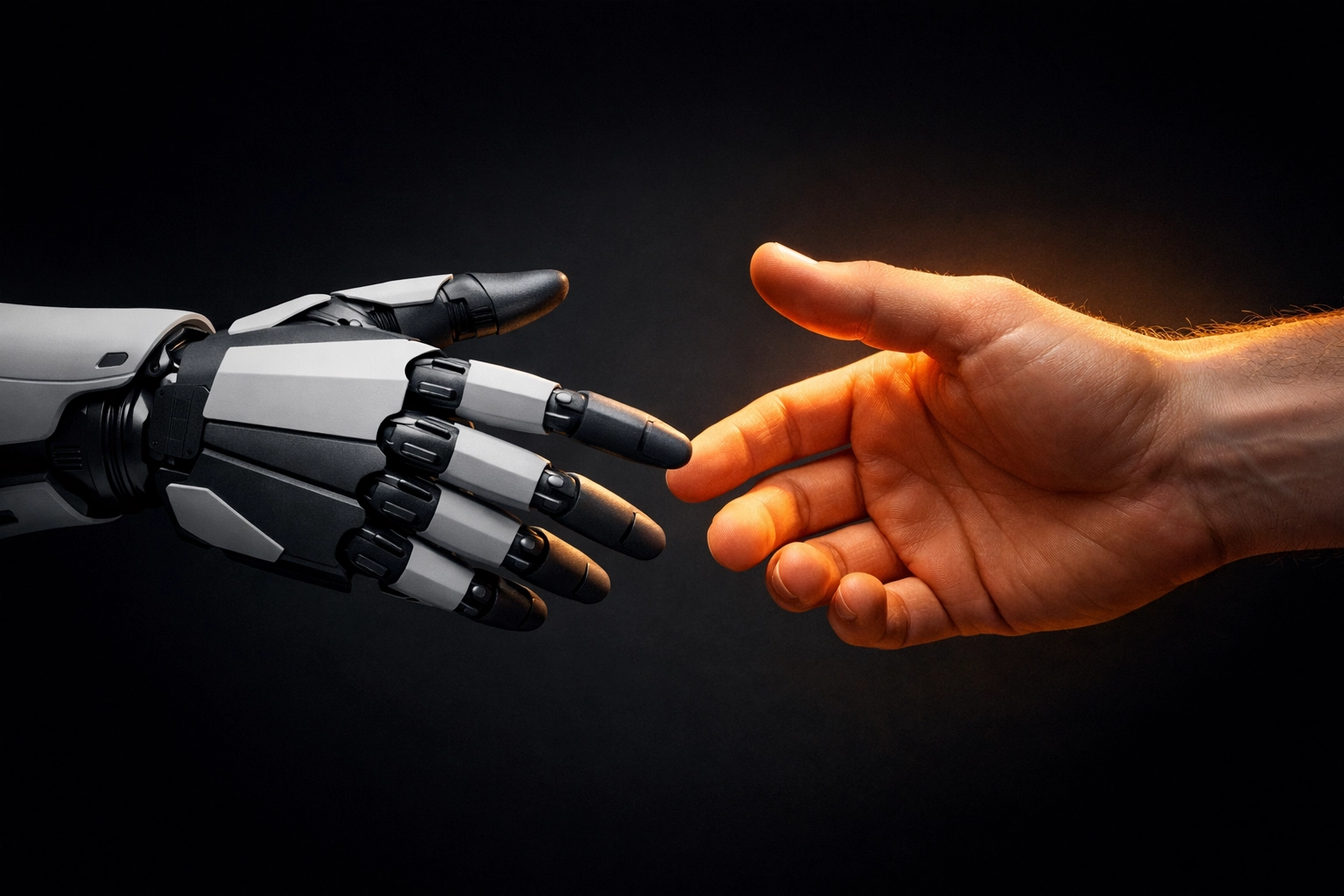 Robotic hand reaching for a warm human hand, showing the trust gap between bots and real people.