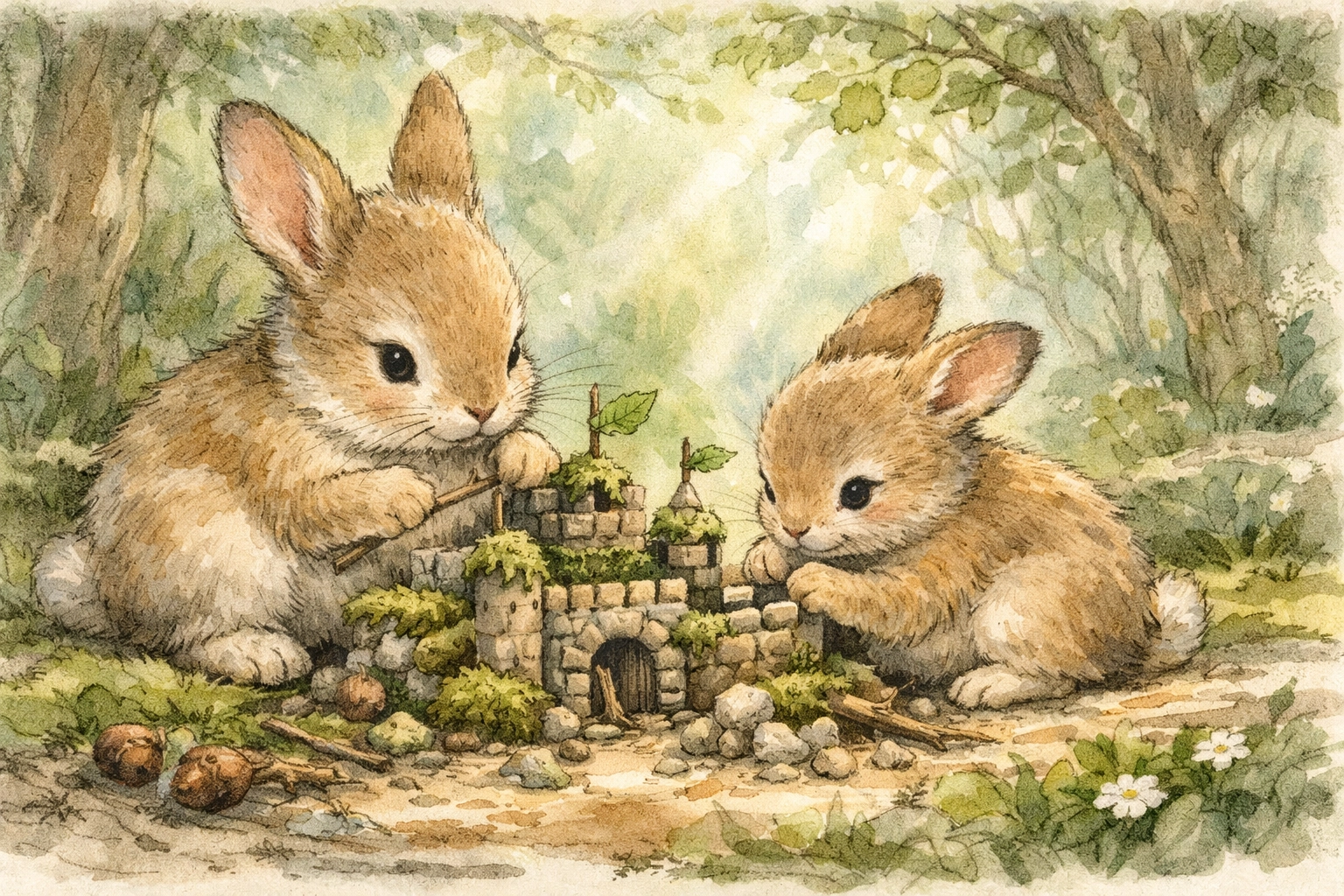 Two illustrated rabbits rebuild a twig fortress together, showing restoration and sibling kindness.