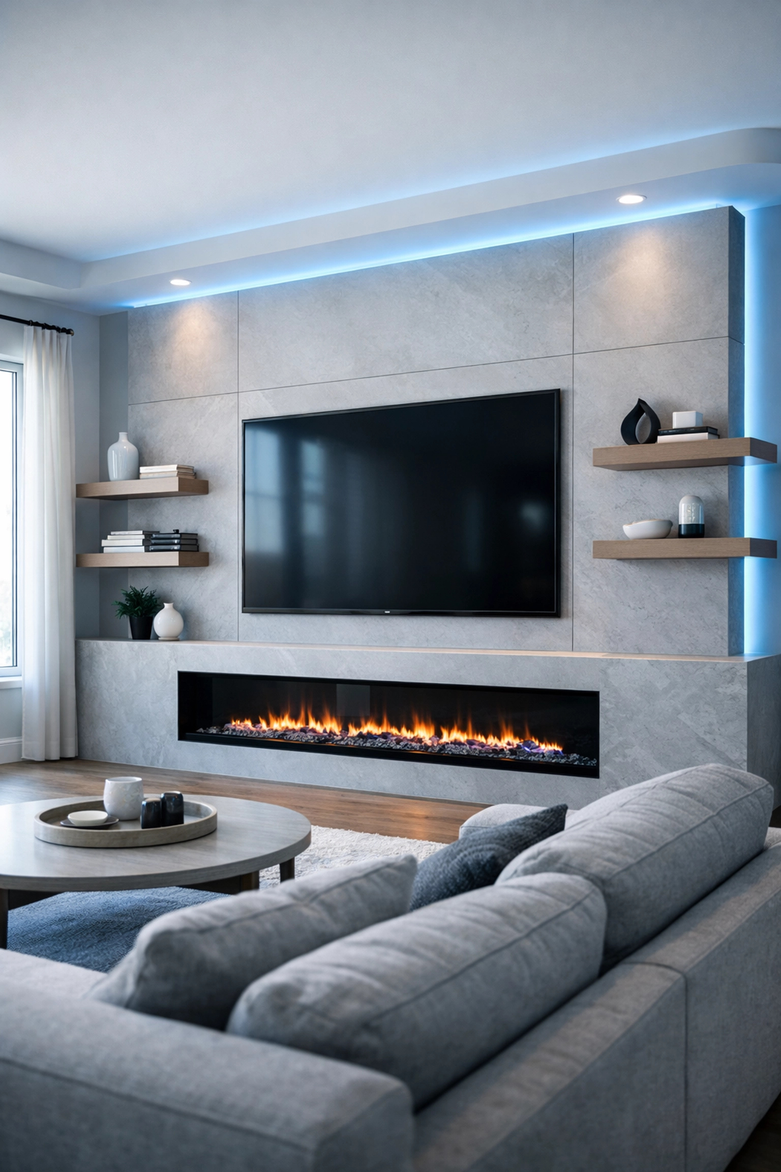 Modern media wall installation with flush-mounted TV, LED lighting, and fireplace in luxury living room