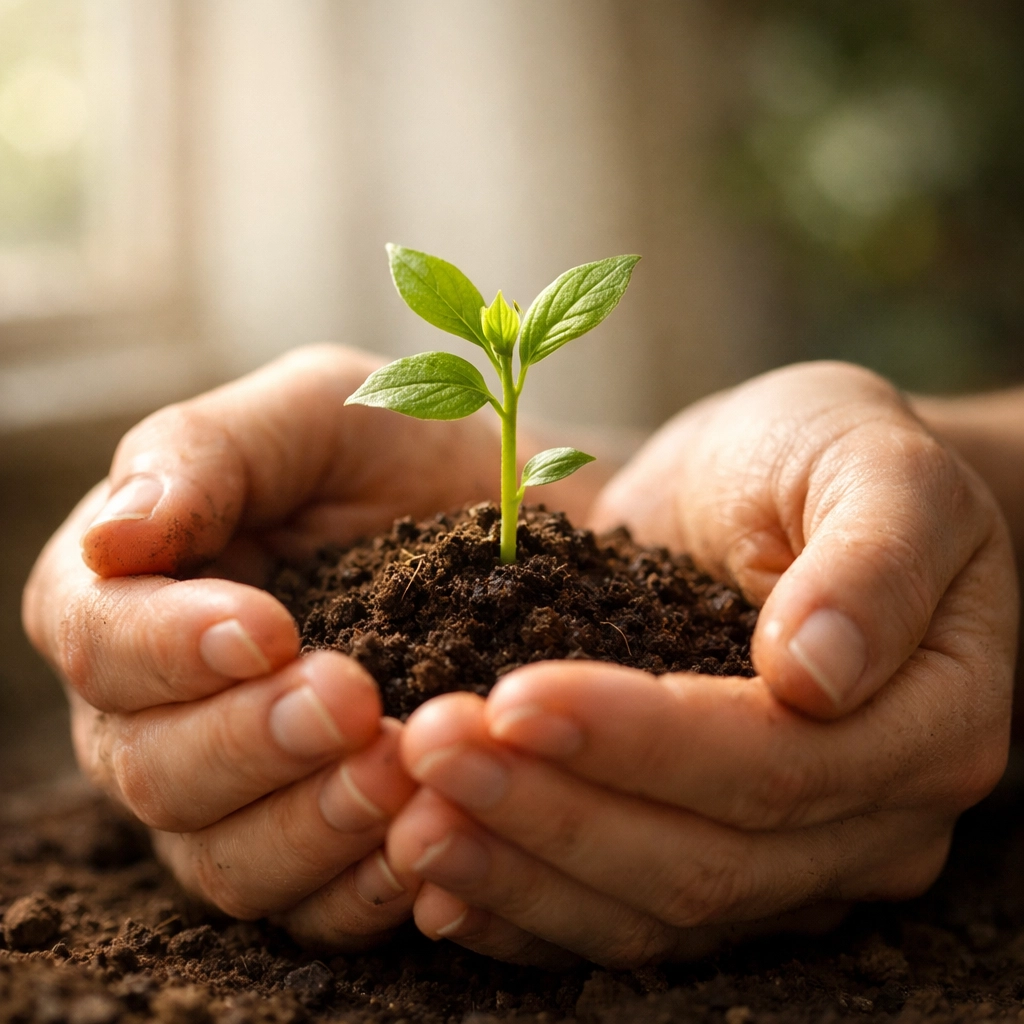 Hands nurturing a growing plant symbolizing trauma therapy growth and recovery