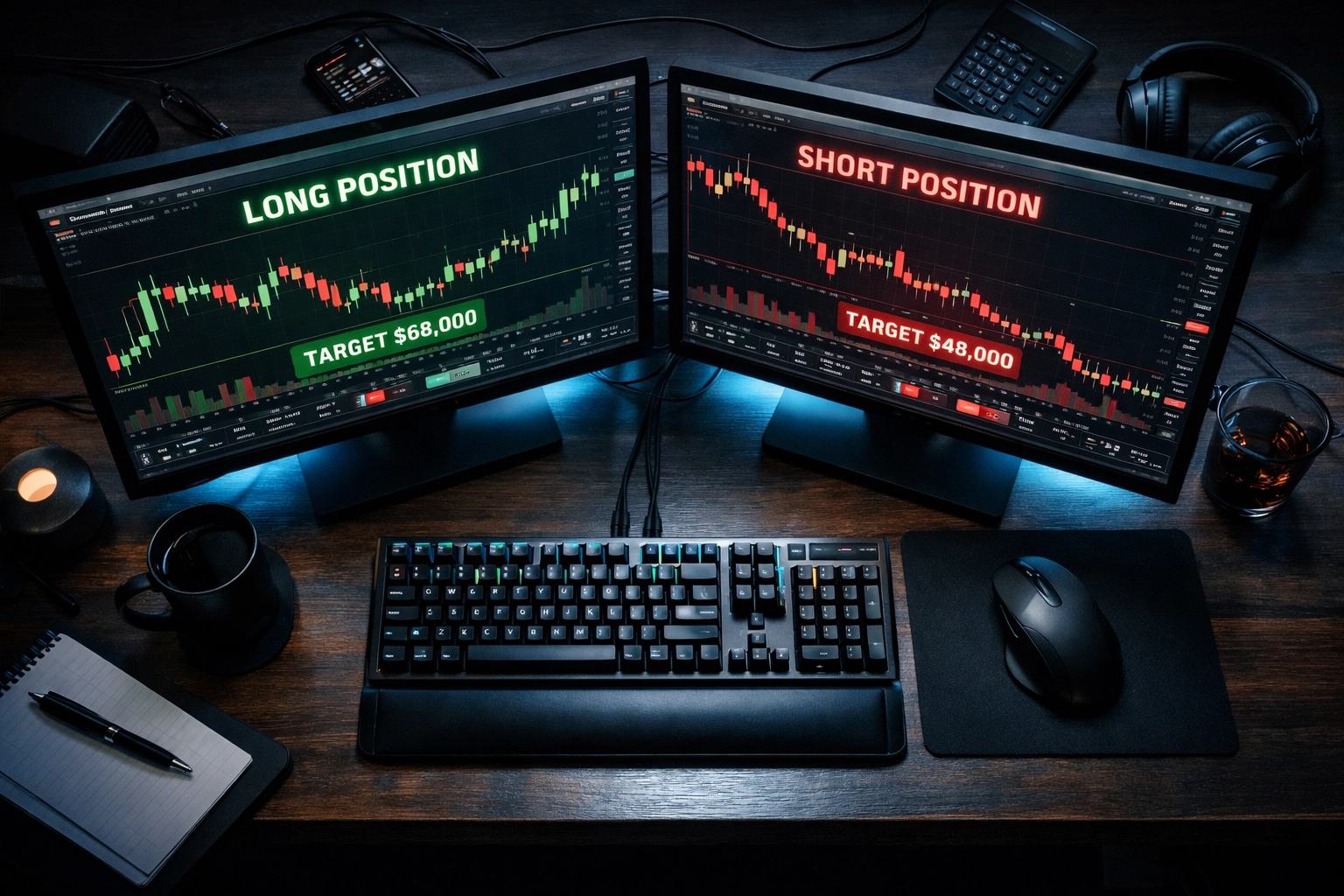 Professional Bitcoin futures trading desk showing hedging strategy with long and short positions