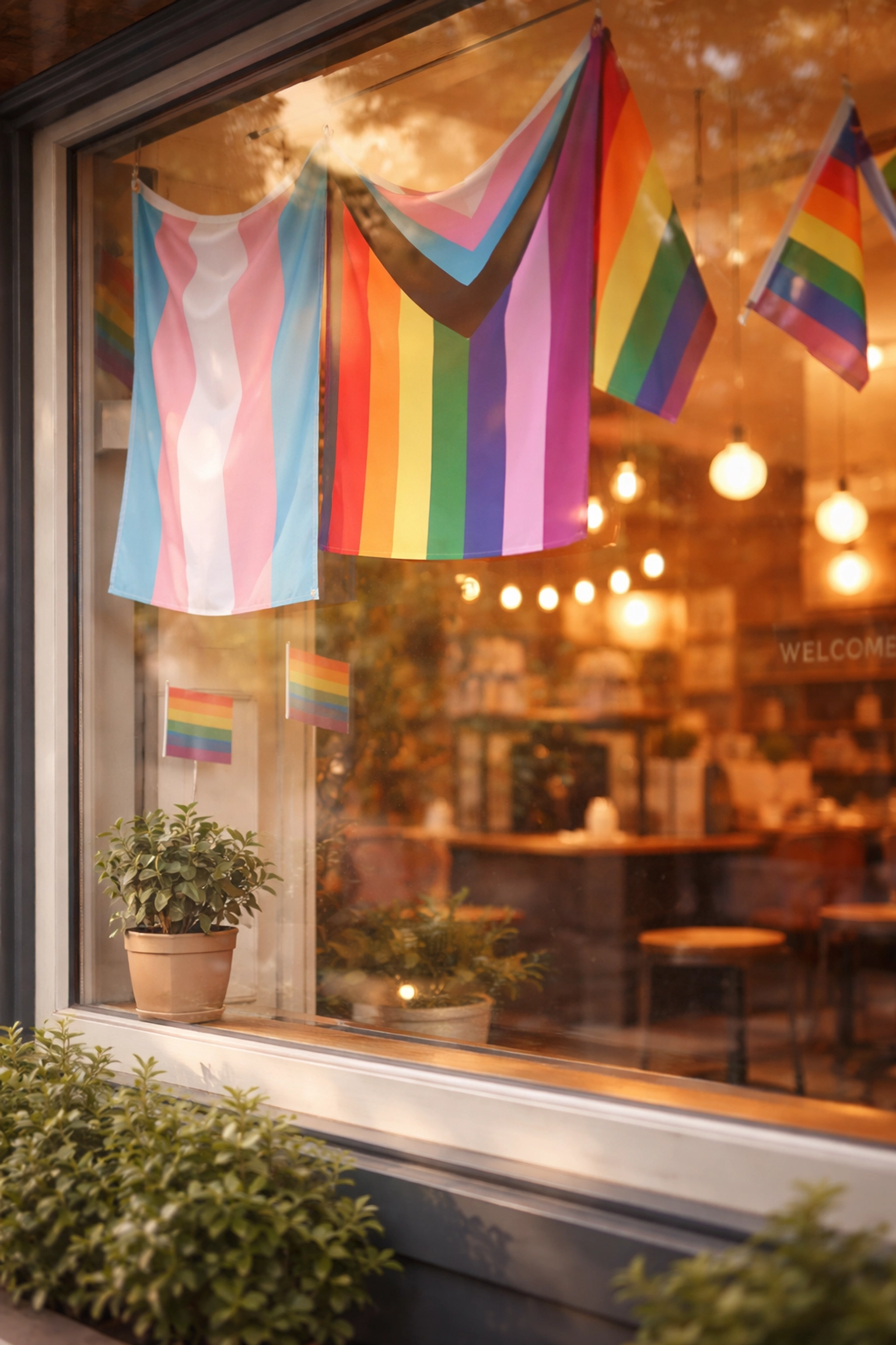 Coffee shop storefront with multiple pride flags displayed, signaling a trans friendly business entrance year-round.