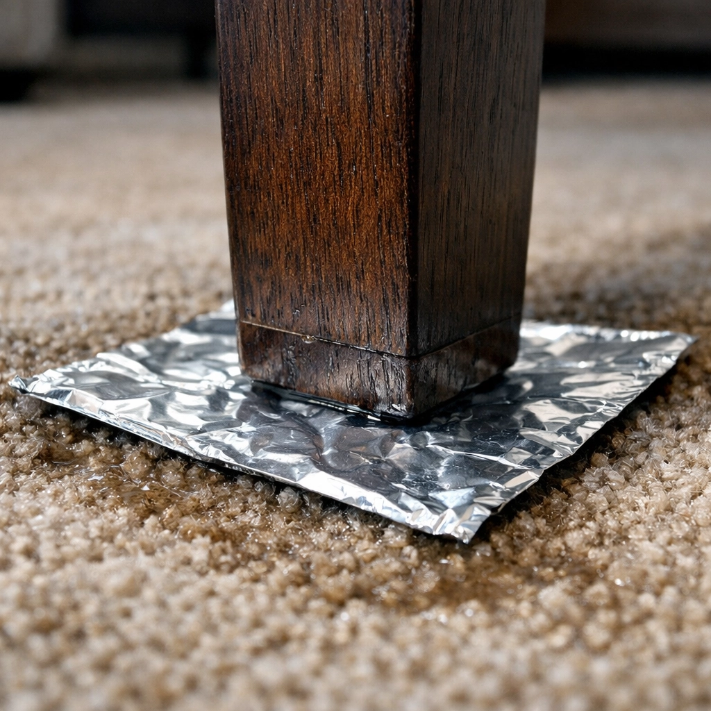 Placing aluminum foil under furniture legs to prevent stains during water damage restoration in Tuscaloosa.