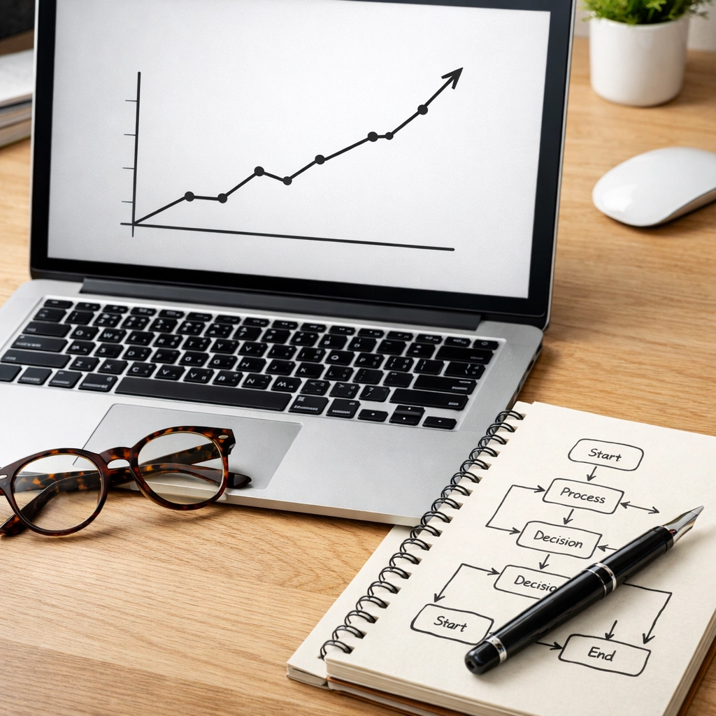 A digital marketing workspace showing a rising success graph on a laptop screen for a side hustle.