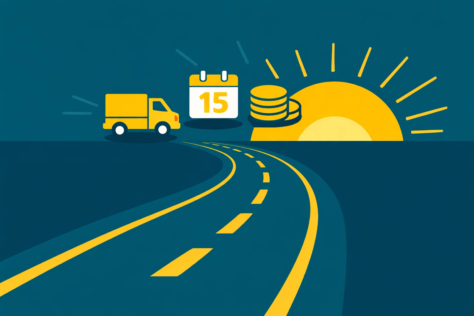 Road toward a sunrise with service icons representing future cash flow forecasting for trade businesses.
