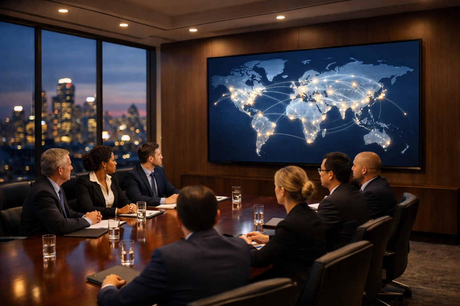 Strategic consultants in a modern boardroom analyzing global media networks for cross-industry brand success.