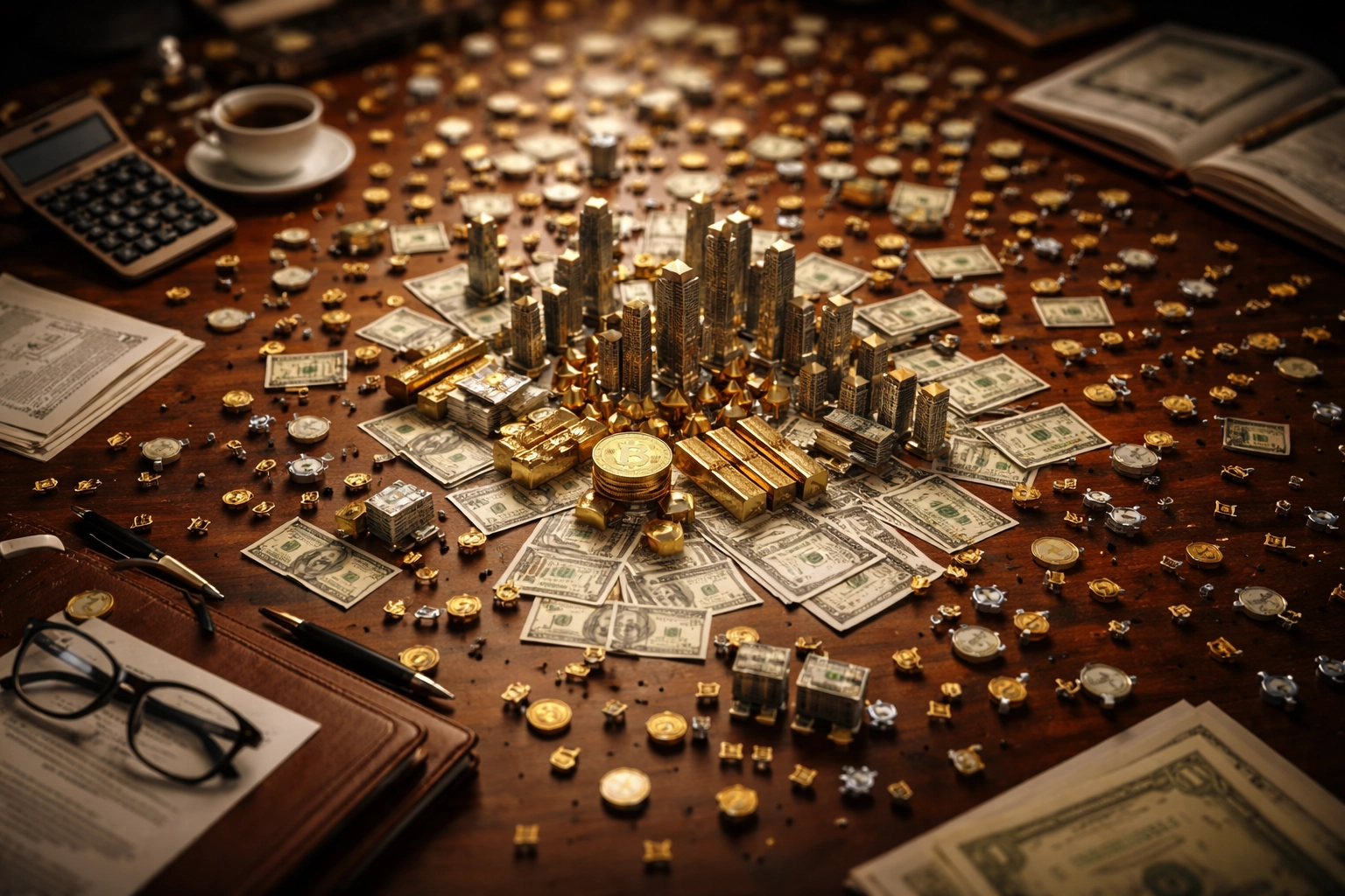 Investor's desk overloaded with diverse asset symbols showing the risks of over-diversification in a portfolio