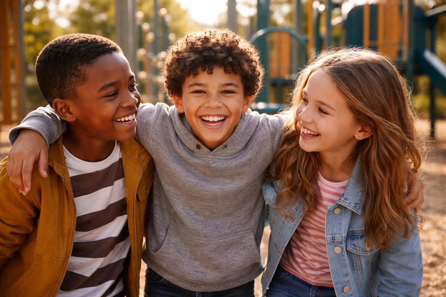 Group of children playing together at a playground, one wearing a sensory-friendly gray hoodie.