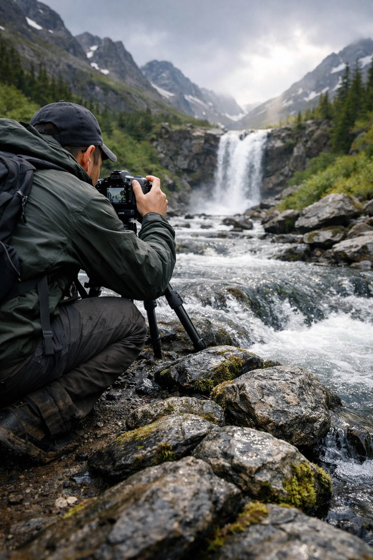 A photographer shooting from a low angle to capture foreground textures and improve landscape composition.