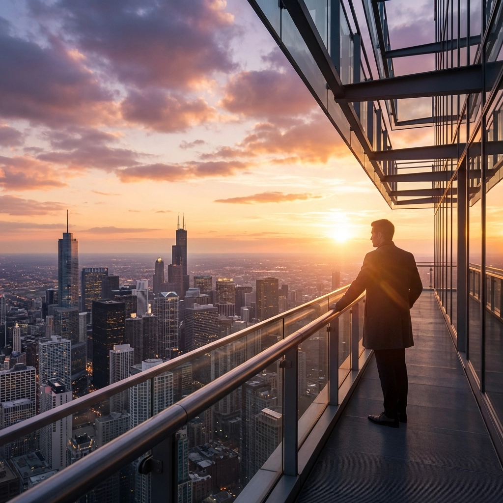 Investor silhouetted on city skyscraper balcony at sunset, visualizing wealth strategy and portfolio growth opportunities.