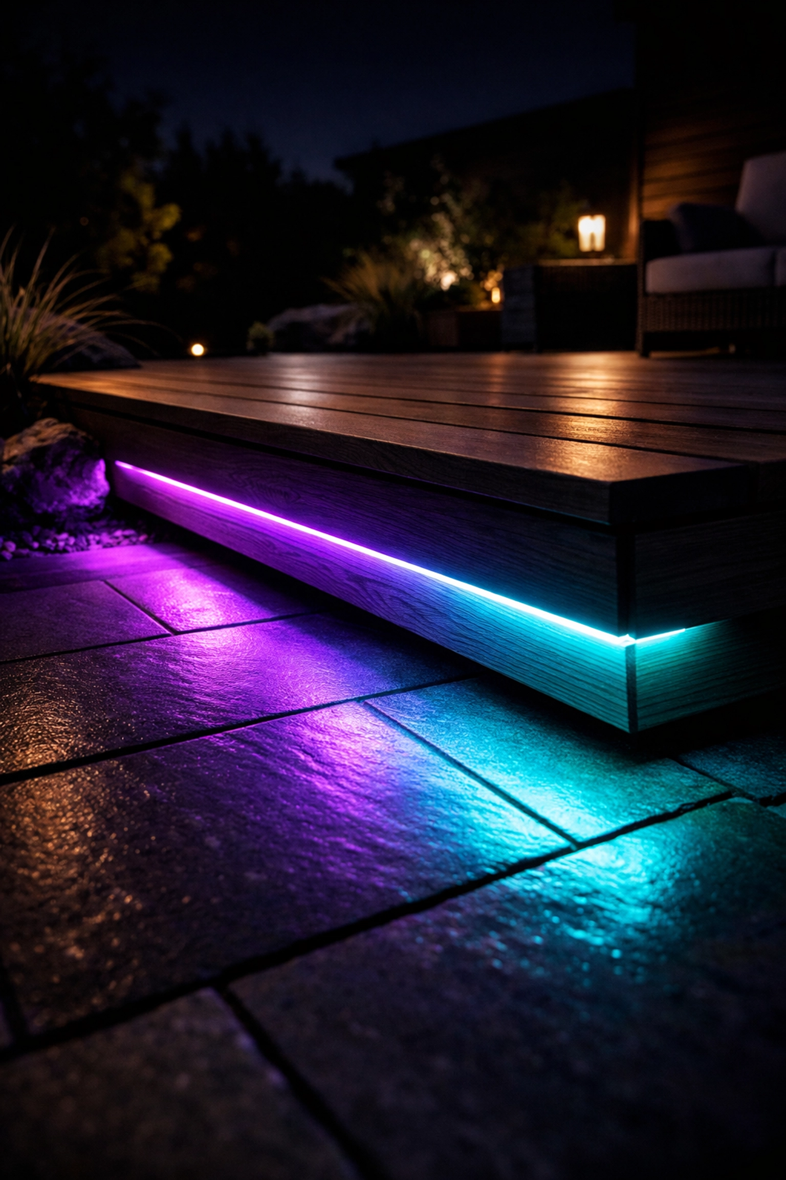 Αδιάβροχη ταινία LED RGB κάτω από ξύλινα σκαλοπάτια κήπου για πολύχρωμο φωτισμό.