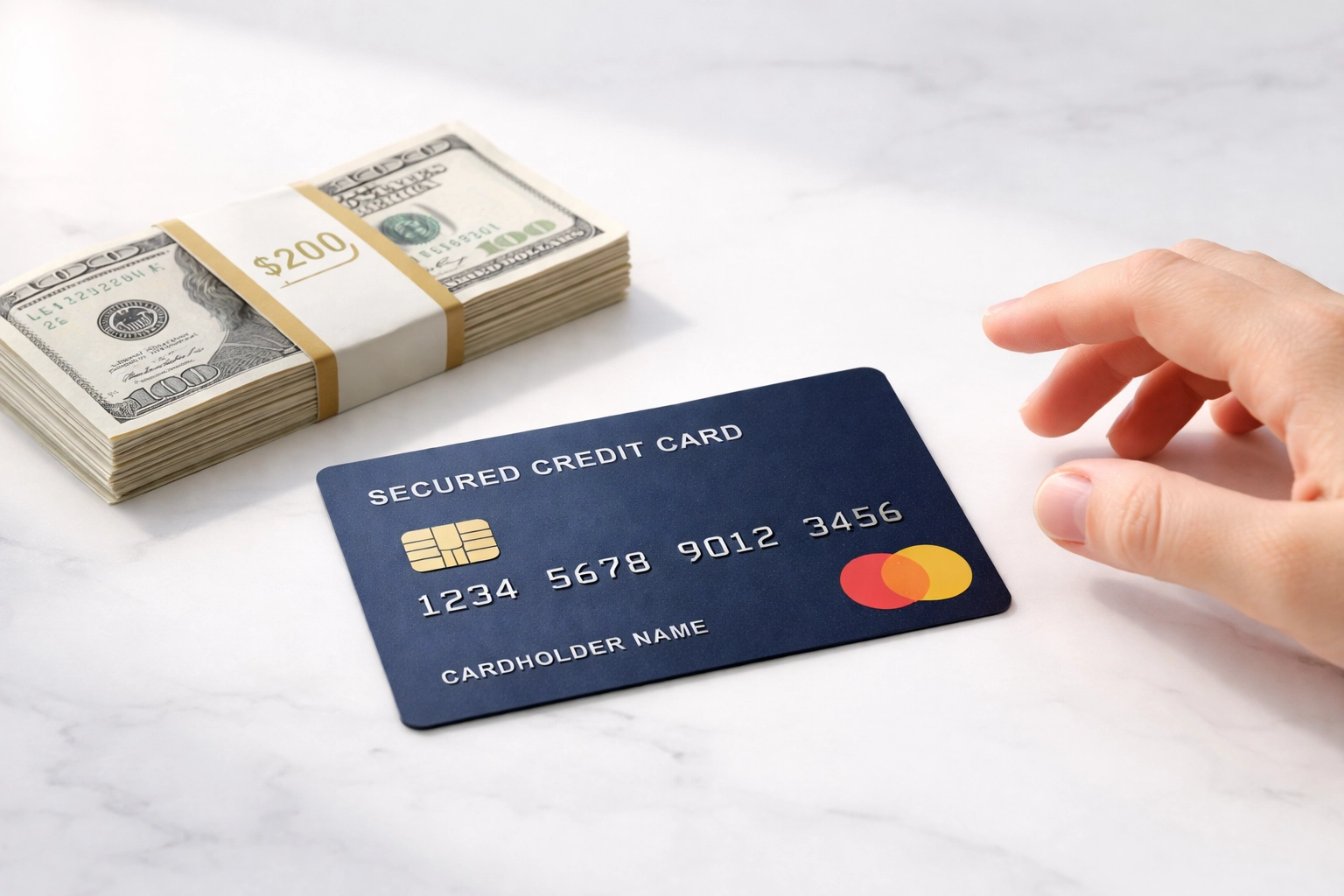 Secured credit card and cash deposit representing safe ways for young adults to build credit history.