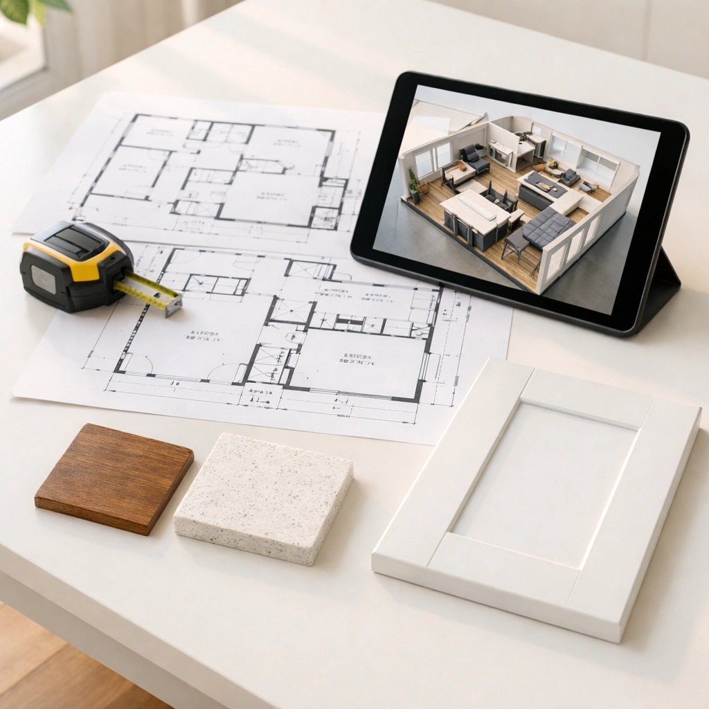 Custom house floor plans and construction materials ready for a new home design consultation.