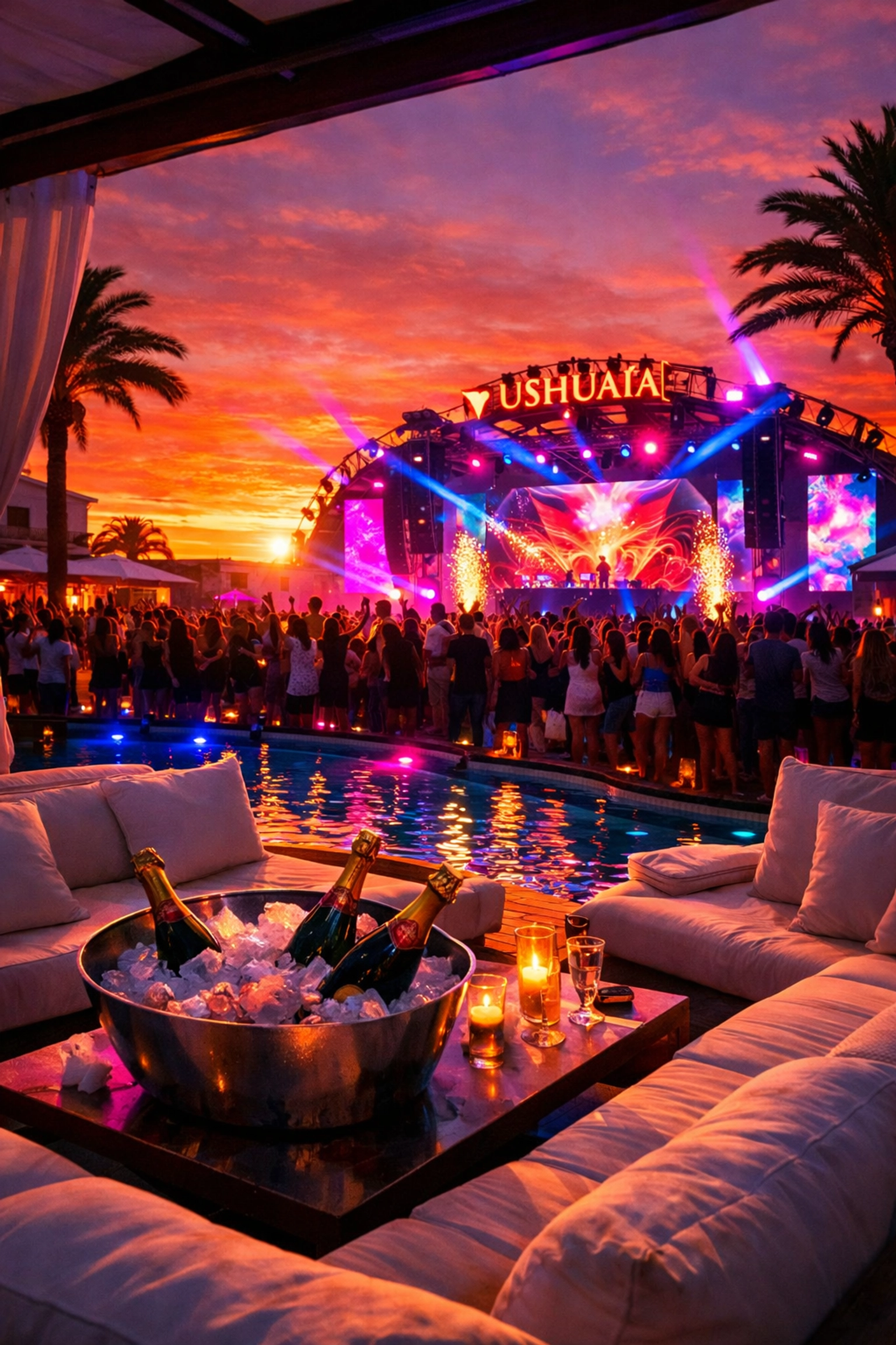 Ushuaïa Ibiza VIP cabana at sunset pool party with stage view