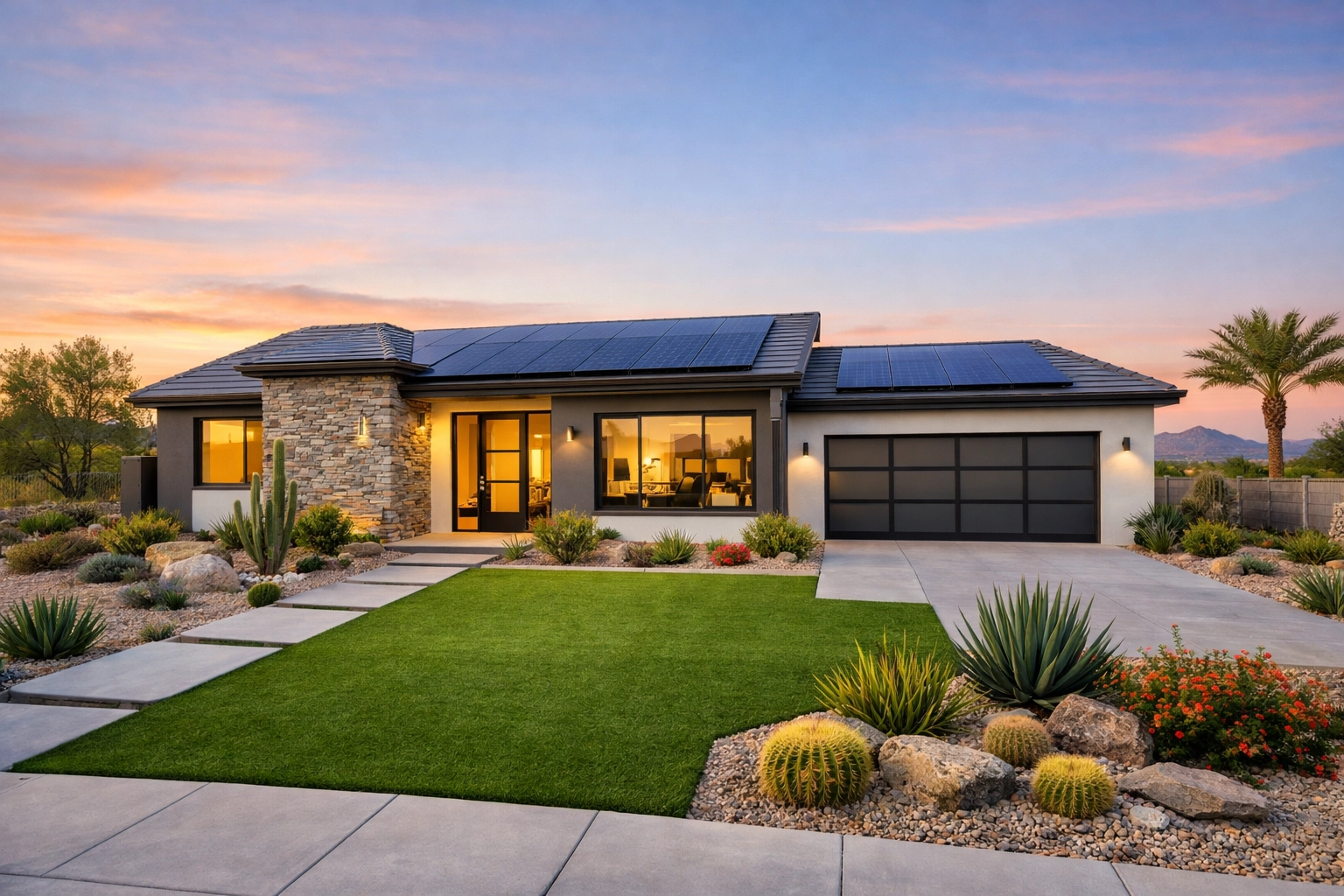 Contemporary West Valley Arizona home with solar panels, showcasing energy-efficient new build design. Contemporary West Valley Arizona home with solar panels, showcasing energy-efficient new build design.
