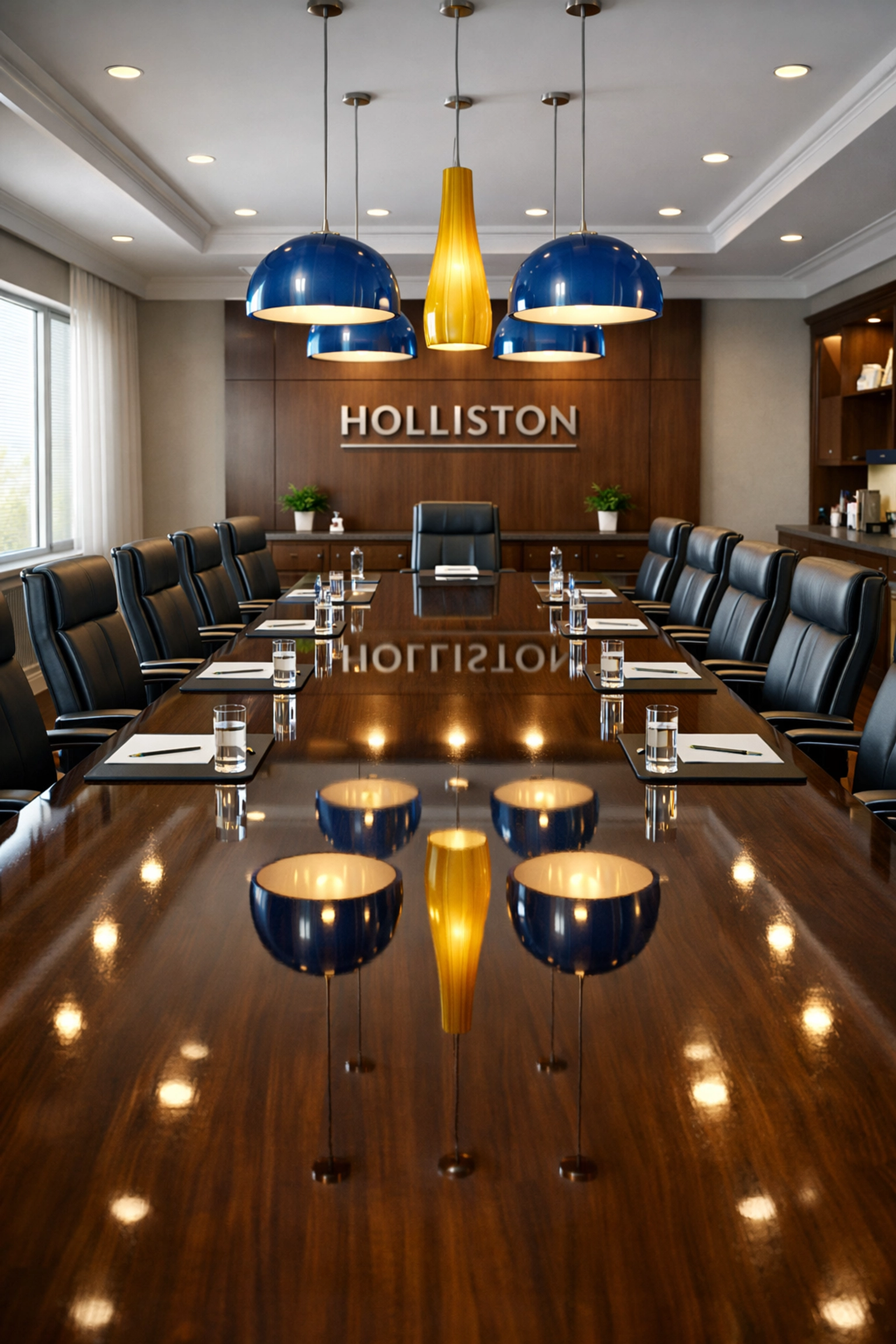 Immaculate Holliston executive conference room with polished floors and a gleaming table.