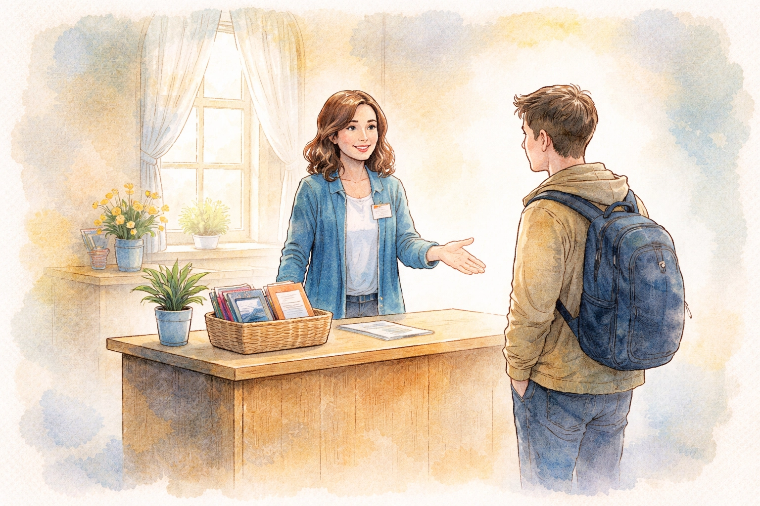 Watercolor illustration of a church information desk volunteer welcoming a visitor with a gentle, open posture