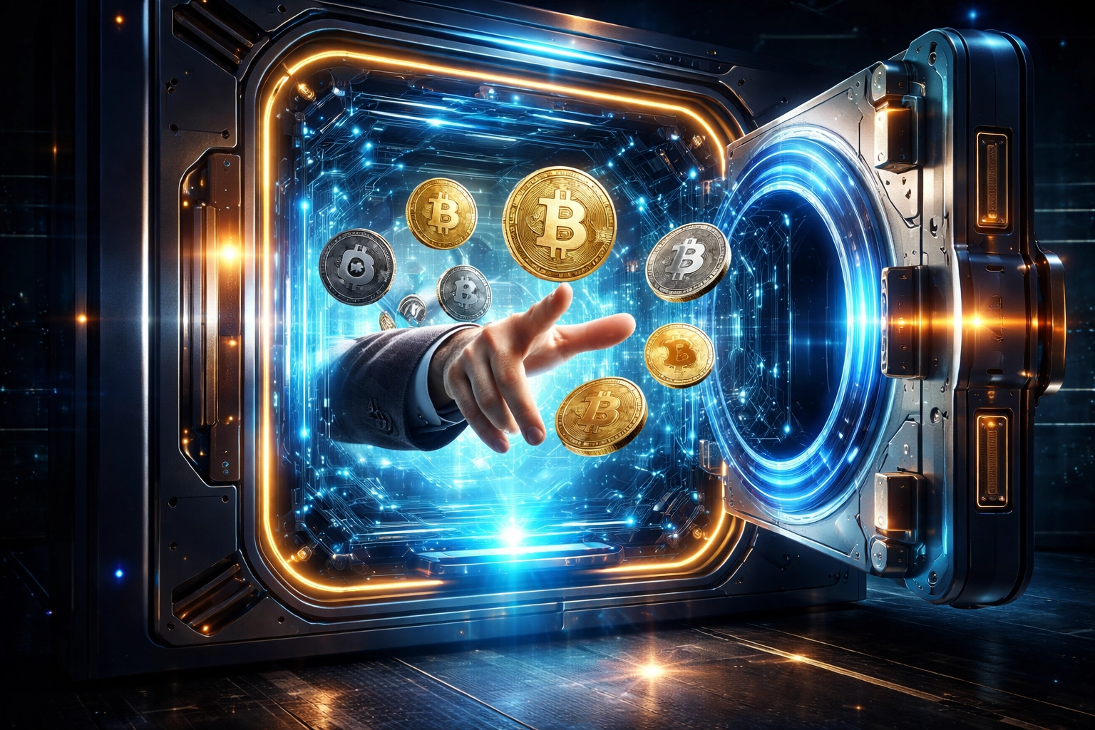 A merchant accesses cryptocurrency directly through a digital vault, representing self-custody and financial sovereignty in Web3 payments.