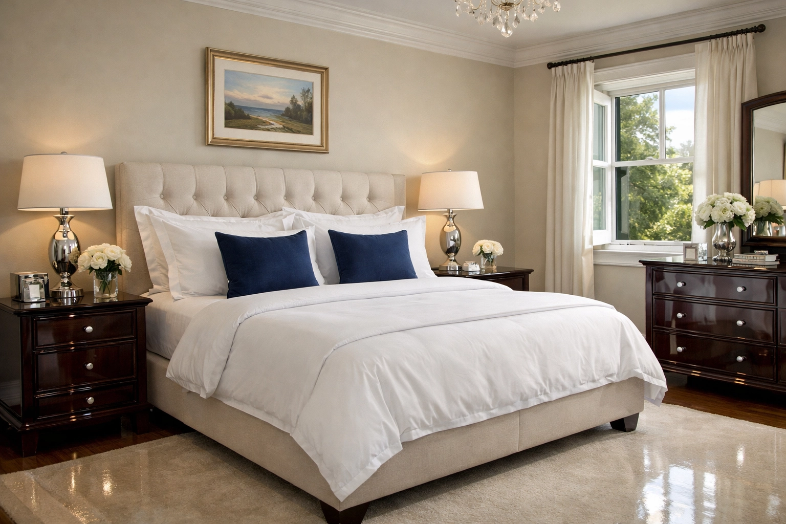 Residential cleaning MA results in a serene, polished master bedroom in a luxury Massachusetts home.