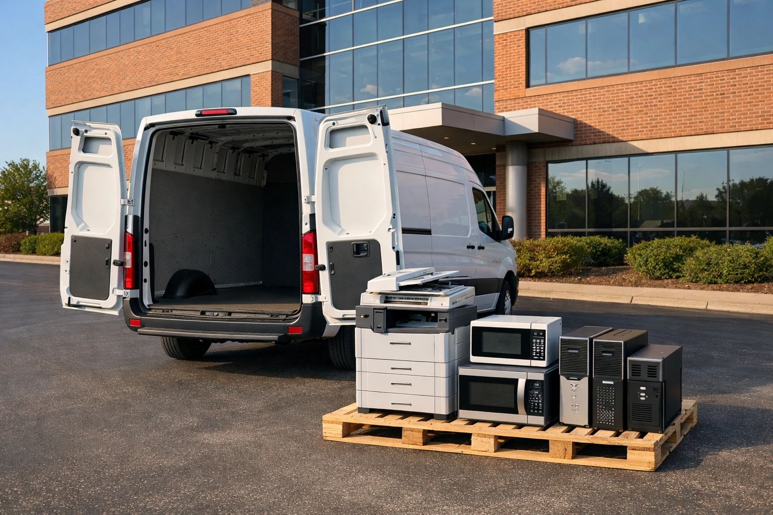 Free e-waste collection van picking up old office equipment and electronics in Northamptonshire.