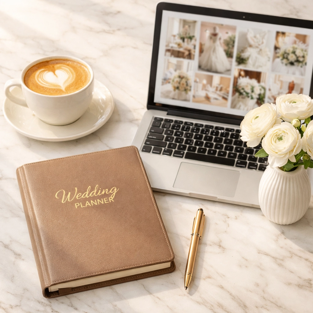 Wedding planning tools and a laptop representing a digital wedding fund setup on a marble table.