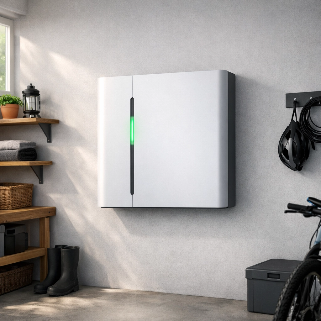 A smart home energy storage battery installed in a garage to provide clean power and energy independence.