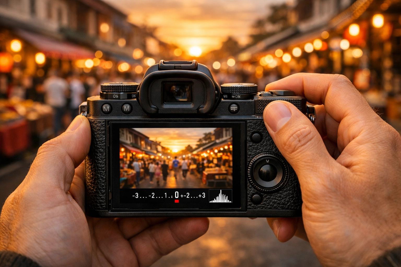 Photographer's hands adjusting camera settings and exposure dials for manual mode 101.