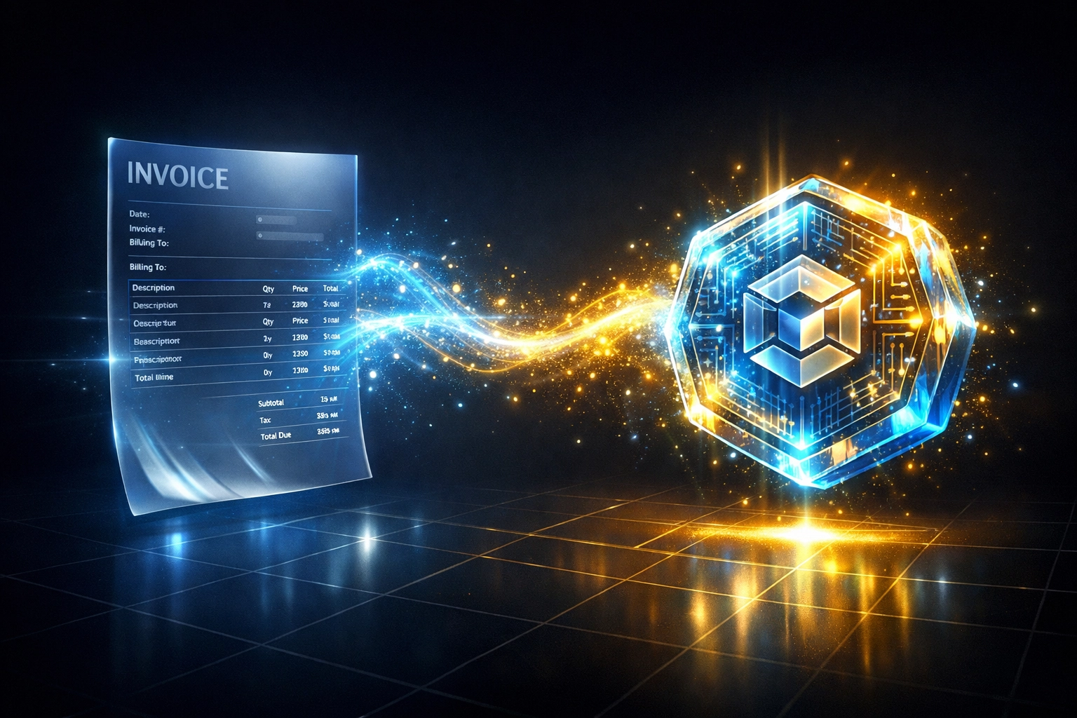 Digital invoice transforming into blockchain receivables token with glowing particles