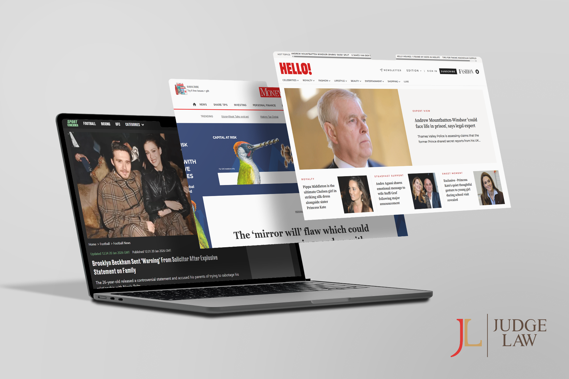 Legal news on laptop with Judge Law logo