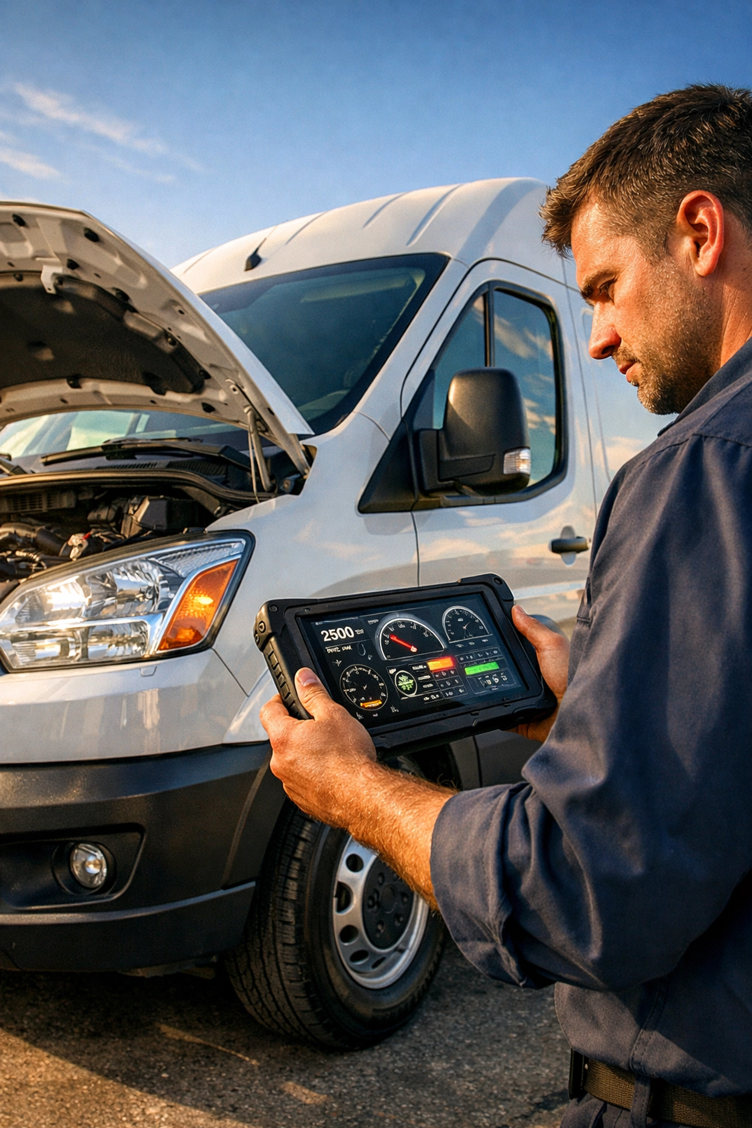 Green Bay mobile mechanic conducting an engine diagnostic scan on a commercial fleet van at a local business.