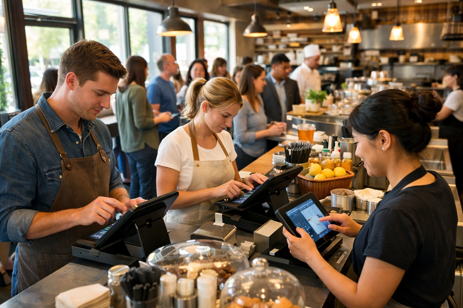 Restaurant staff using POS systems during busy lunch service with customers waiting in queue