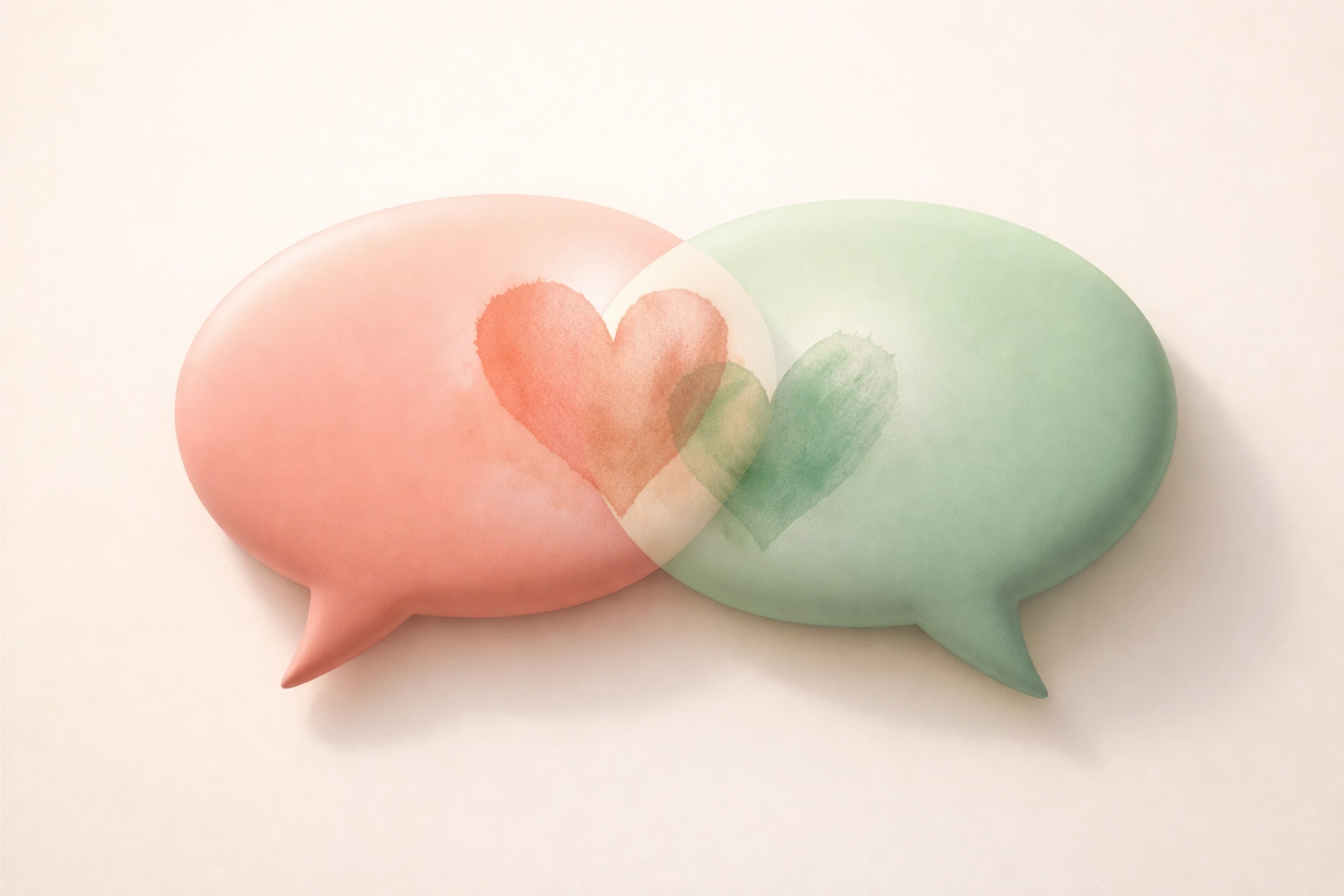 Overlapping speech bubbles with hearts, representing healthy, compassionate communication for couples