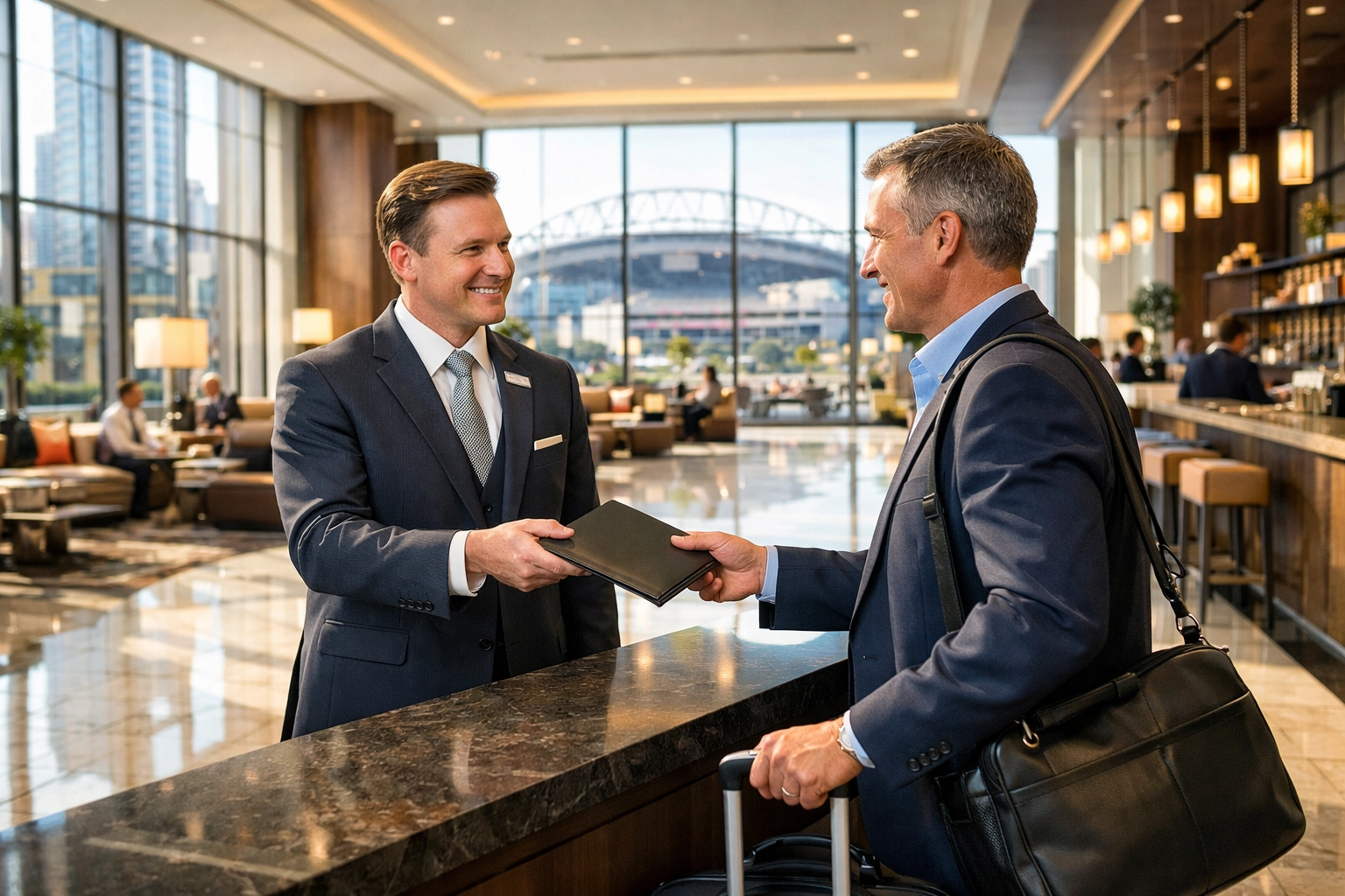 Executive traveler checking into a luxury hotel for managed Super Bowl corporate travel accommodations.
